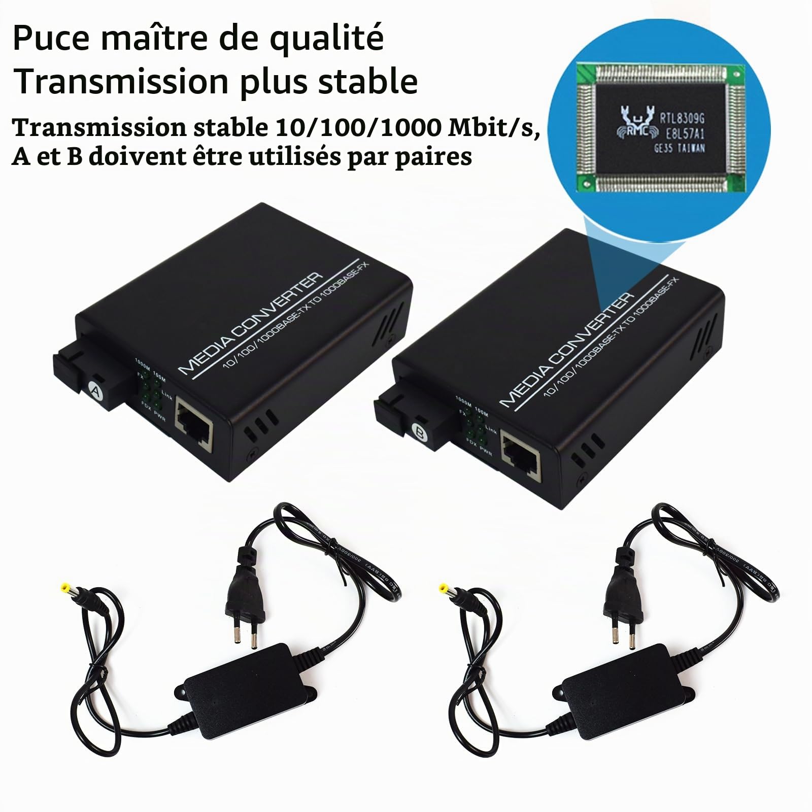 Convertisseur de Média Ethernet Gigabit Émetteur-récepteur Fibre Optique Convertisseur de Fibre Optique 10/100/1000 Mbits/s avec RJ45 Simple, Port SC, Alimentation Externe 5V, Paquet de 2