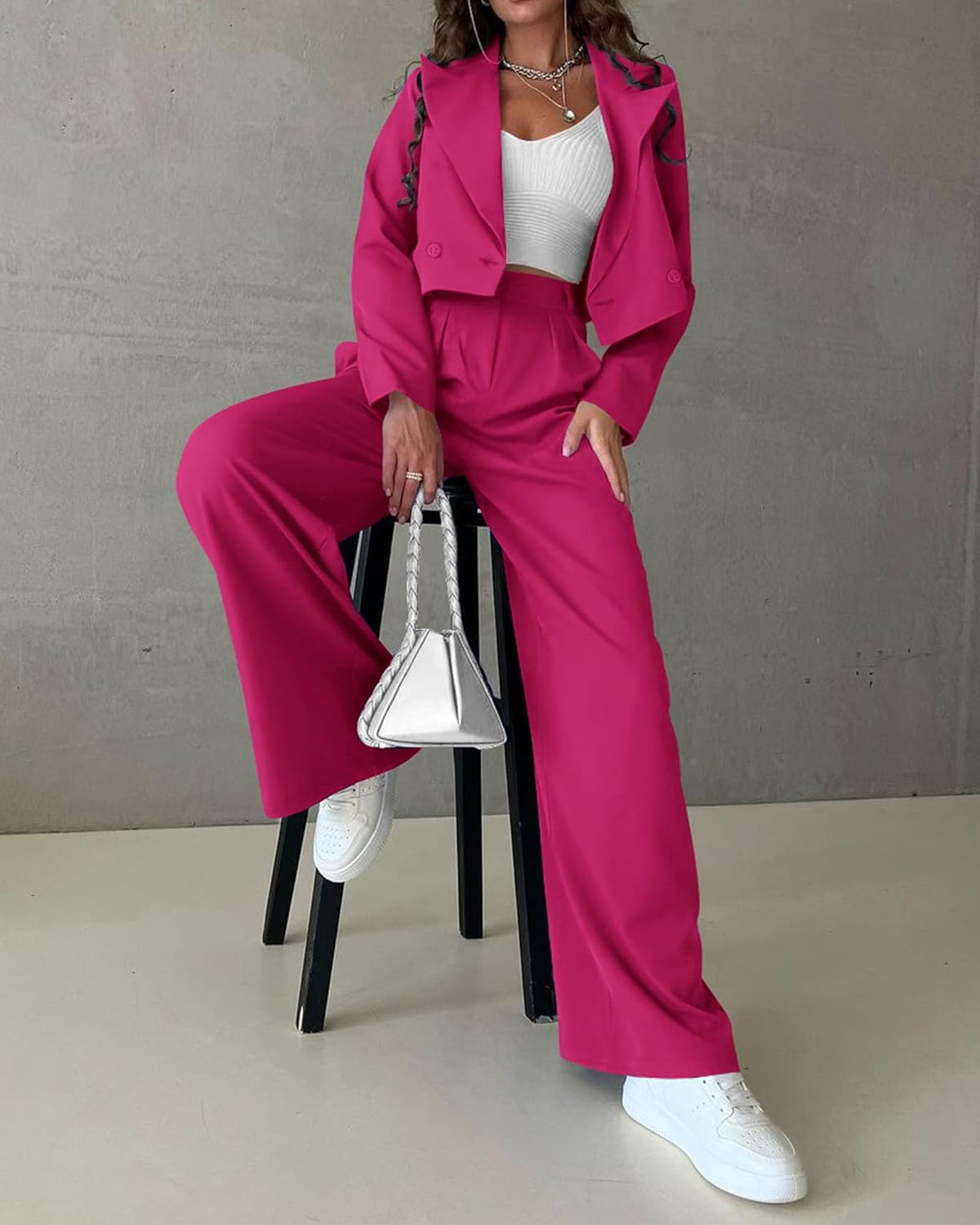 KIRUNDO Women's Two Piece Outfits Business Casual Cropped Blazer Jackets and Wide Leg Pants Suit Sets Work Clothes - (color: Rose Red, size: Small)