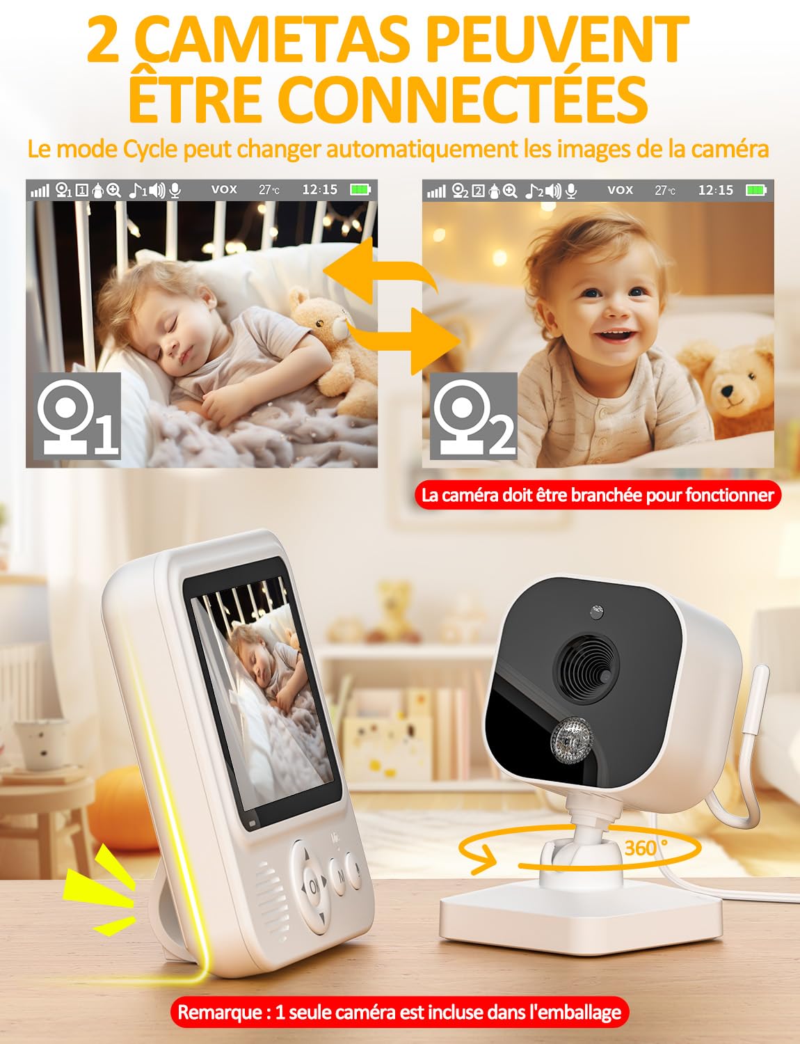 OBVHNUA Babyphone Camera 2,8 Pouces Caméra Bebe 720P IPS LCD Baby Phone Vidéo 2000mAh USB-C Moniteur avec 2-4X Zoom VOX Vision Nocturne Communication Bidirectionnelle Capteur de Température Berceuses