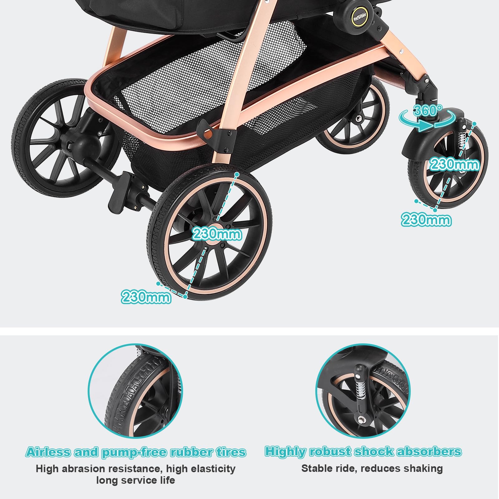 DAISTERN Passeggino per Cani 4 in 1 fino 25 Kg,Telaio in alluminio anodizzato 100% pieghevole,ruote gomma schiumosa 360°,Staccabili,adatto per cani e gatti di medie e piccole taglie, Marrone
