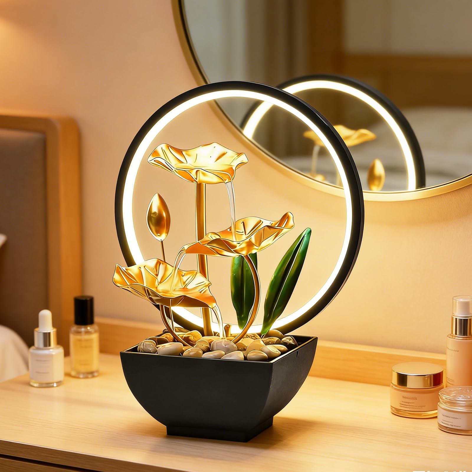 Fontaine d'intérieur, cascade, de table, avec éclairage LED, décoration moderne zen avec pompe silencieuse, 3 niveaux, mini cascade, petite pour maison, bureau, salon, jardin