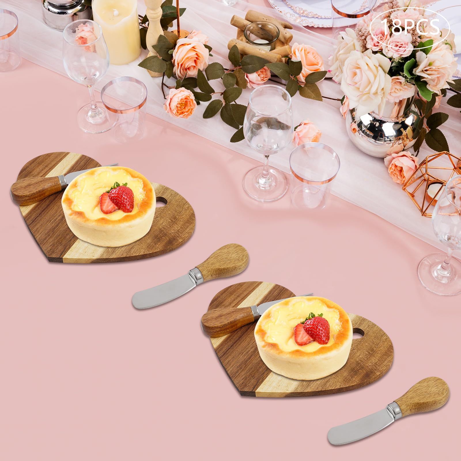 Lot de planches à fromage en bois d'acacia en forme de cœur pour 18 invités