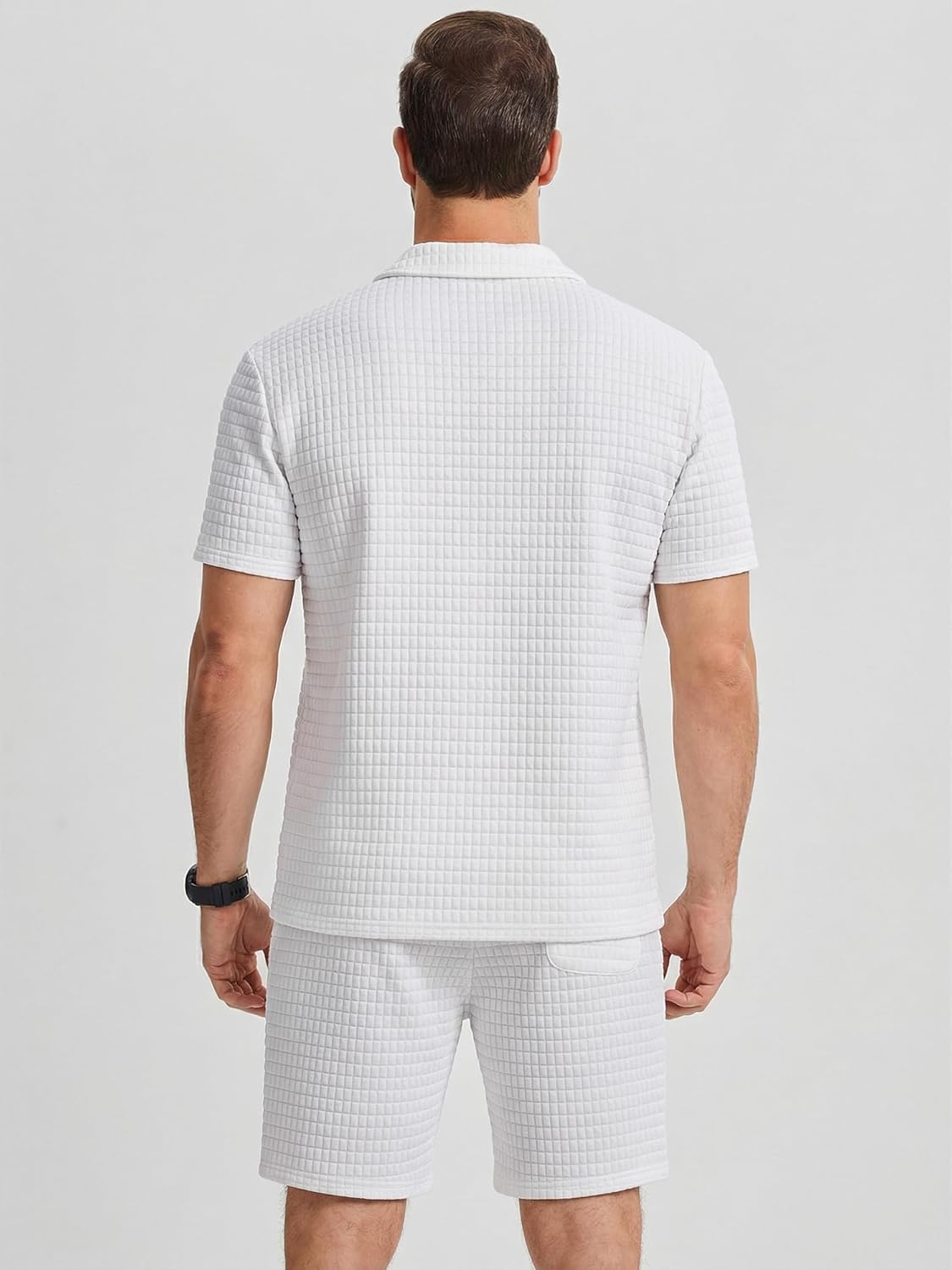 JMIERR Men's 2 Piece Waffle Knit Outfit Half Zip Polo Shirt and Shorts Textured Summer Set - Image 5