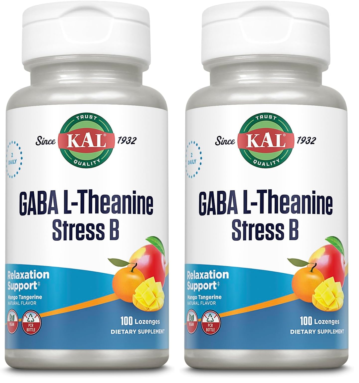KAL GABA L-Theanine Stress B Lozenge, B Complex Vitamin Supplement, Healthy Relaxation, Mood & Focus Support, Natural Mango Tangerine Flavor, Vegan, 50 Servings, 100 Lozenges (Pack of 2) 100 Count (Pack of 2)
