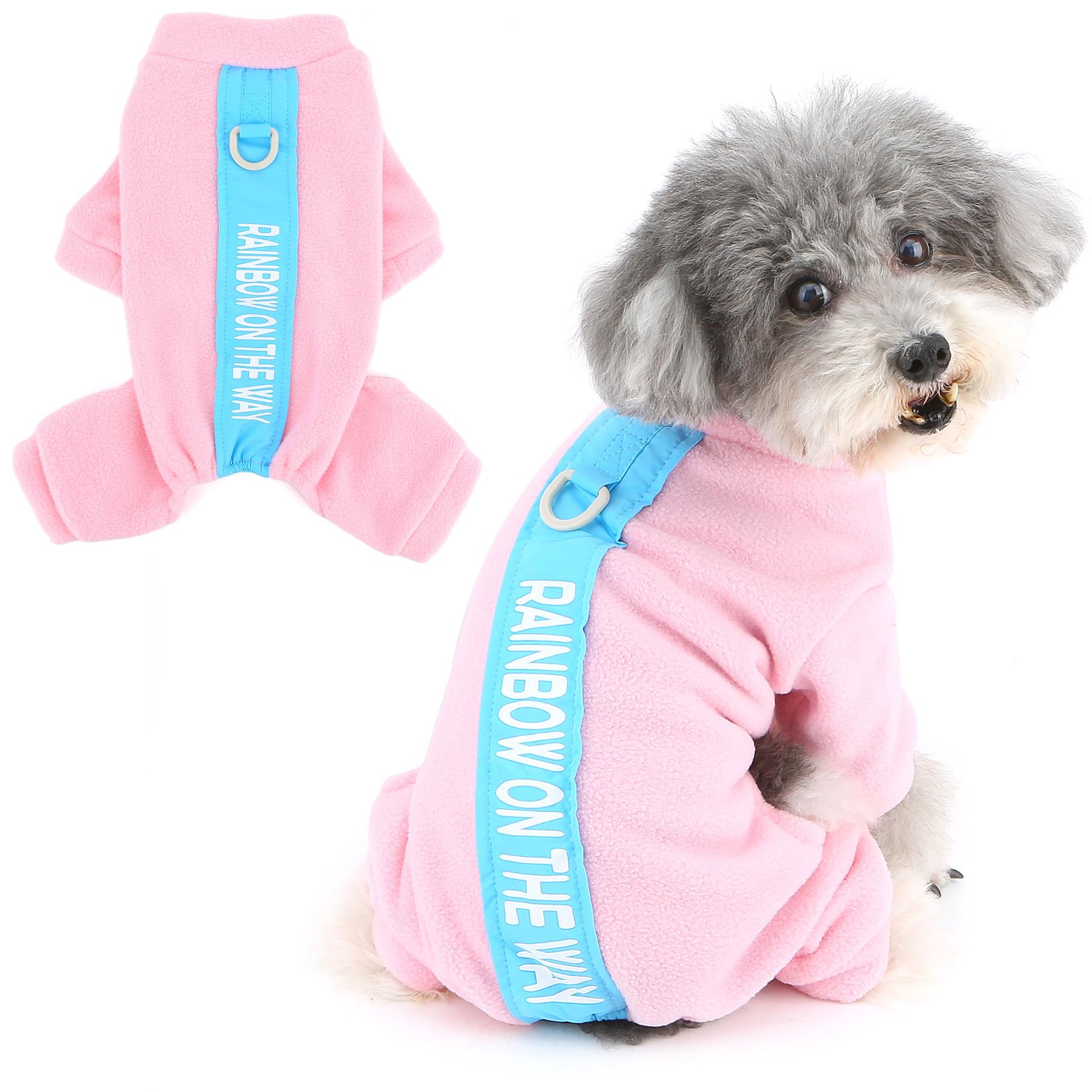 Pijamas de Forro Polar para Perros pequeños, Mono de Cachorro con Anillo en D y Letra Impresa, Suave Jersey de Cuatro Patas, Ropa acogedora de Invierno y otoño, Ropa de Dormir para Mascotas,