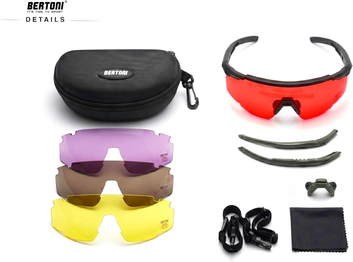 Bertoni Shooting Glasses with 4 Interchangeable AntiFog Lenses Carrying Case and Additional Arms – SH890 Italy Tactical Protective Trap Safety Glasses