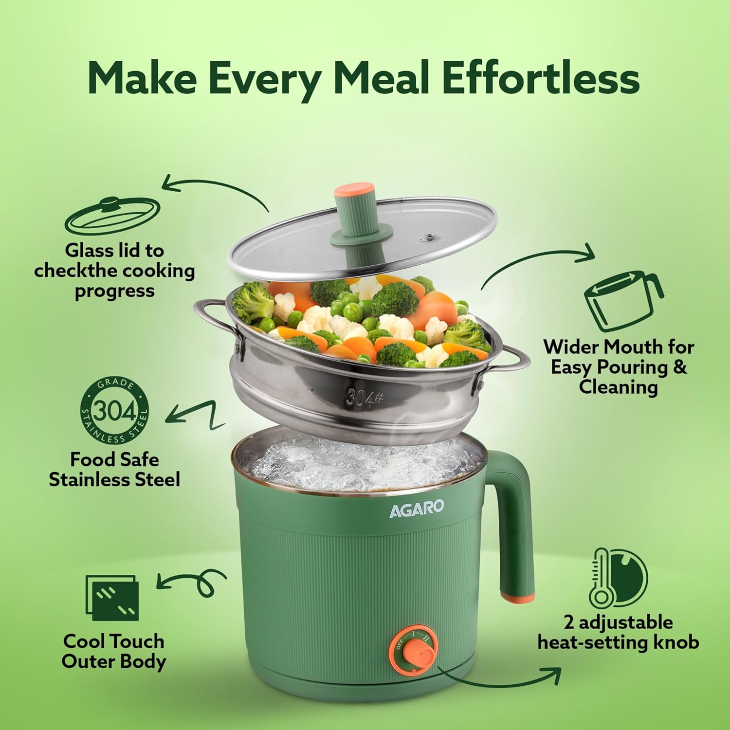 Exploded view of AGARO Multi Cook Kettle showing glass lid, wider mouth, cool touch body, and adjustable knob