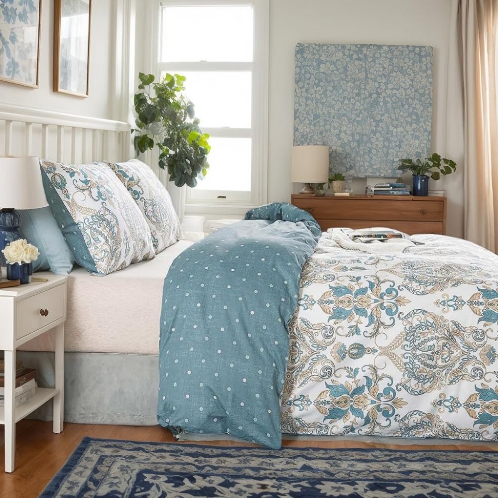 AShanlan Boho Bettwäsche 220x240 Baumwolle Weiß mit Blau Paisley Bettbezug 3teilig Bohemian Style Blumen Angenehme Vintage Muster Wendebettwäsche und 2 Blümchen Kissenbezüge 80x80 mit Reißverschluss