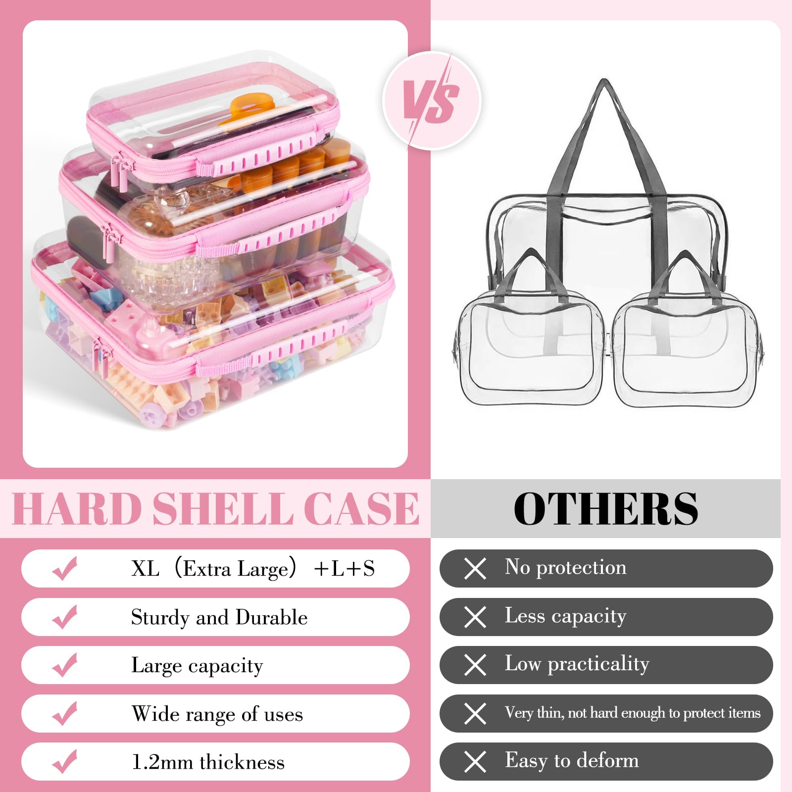 Transparente Hartschalenhülle mit Reißverschluss, Kunststoff, tragbar, wasserdicht, für Snacks, Spielzeug, Windeln, Reisen, Rosa, 3 Stück