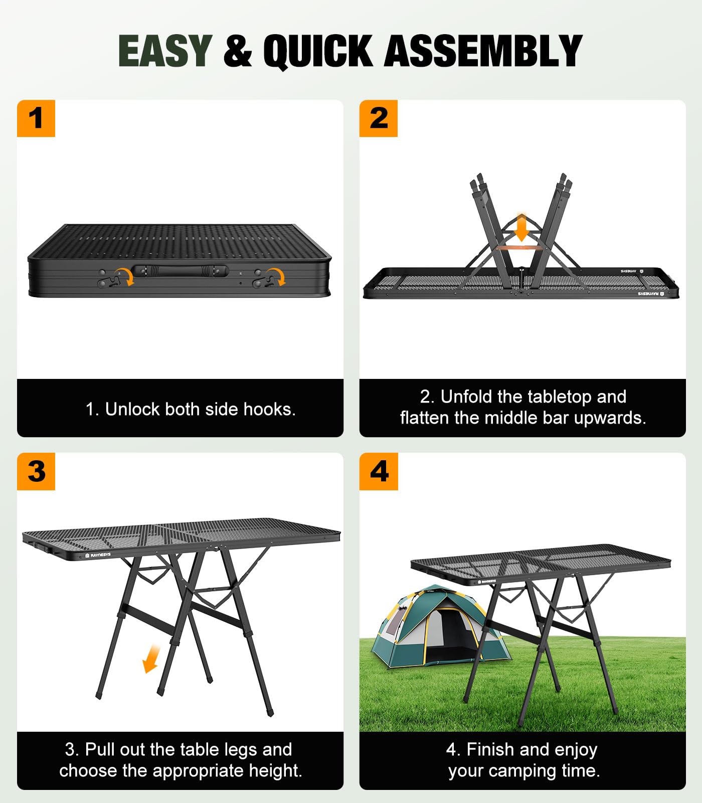 Raynesys Tavolo da Barbecue Pieghevole con Piano a Rete, Tavolo Portatile 200lbs 4ft, Carrello Grill in Metallo Regolabile in Altezza per Esterni, Campeggio, Picnic, BBQ, Spiaggia, 47,24" P x 23,62" L
