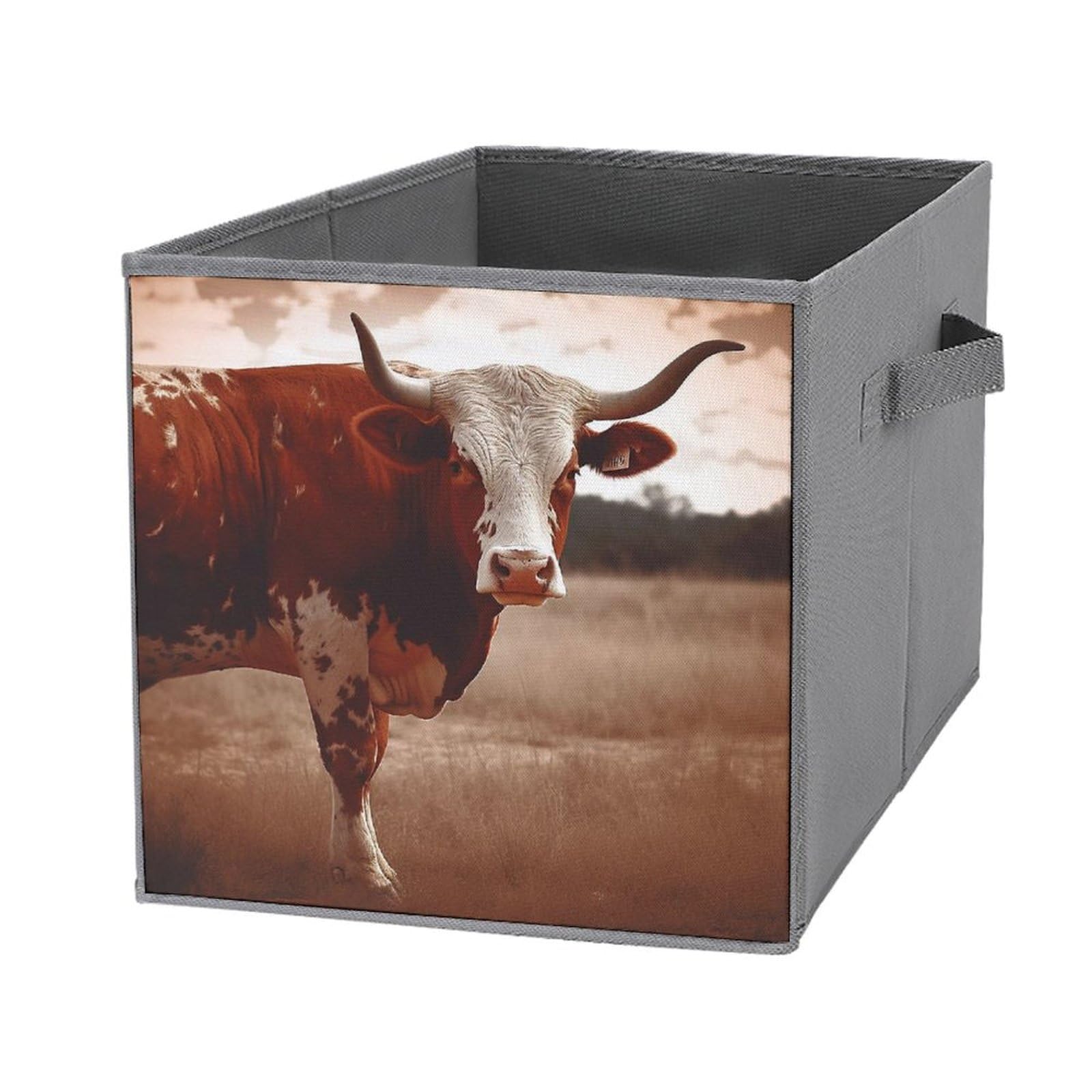 Bacs de rangement imprimé vache du Texas avec poignées de transport stables