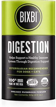 BIXBI Dog & Cat Clean Digestion Support, 2.12 oz (60 g) - All Natural Organic Pet Superfood - Daily Mushroom Powder Supplement - USA Grown & USA Made - Veterinarian Recommended for Dogs & Cats