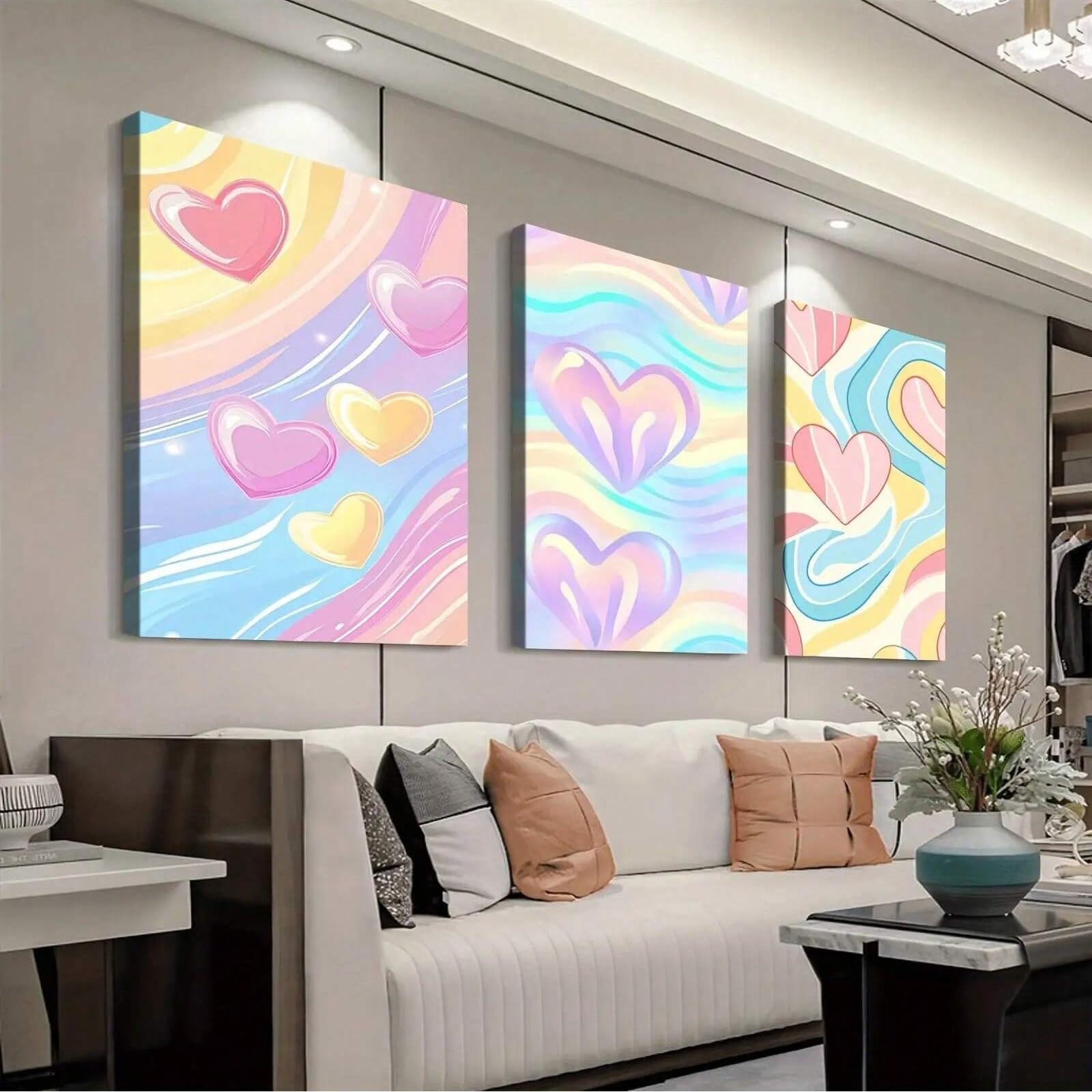 ZBELLO 3pcs/set Pastel Heart Swirl Canvas Posters, 2D Flat, Sweet Style Illustration, Cute Y2K Aesthetic Canvas Prints, Colorful Dreamy Decor for Bedroom Dorm, Unframed (21x30cm)