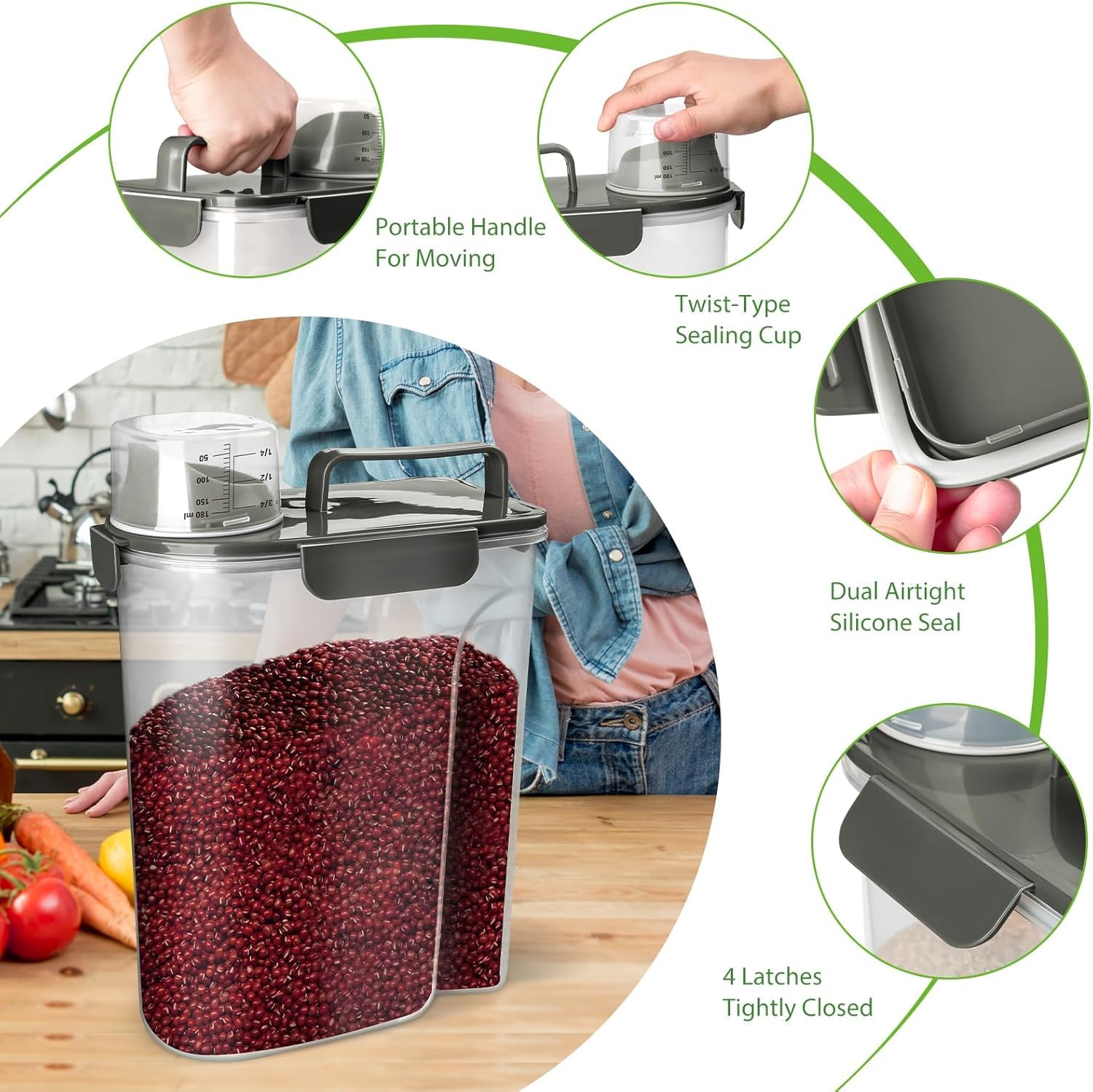 Viretec Reis-Aufbewahrungsbehälter, luftdichter Spender für Trockenfutter, 10 bis 9 kg, BPA-frei, transparenter Kunststoff, für Küche und Speisekammer, für Haferflocken, Müsli, Nudeln, Mehlgrau