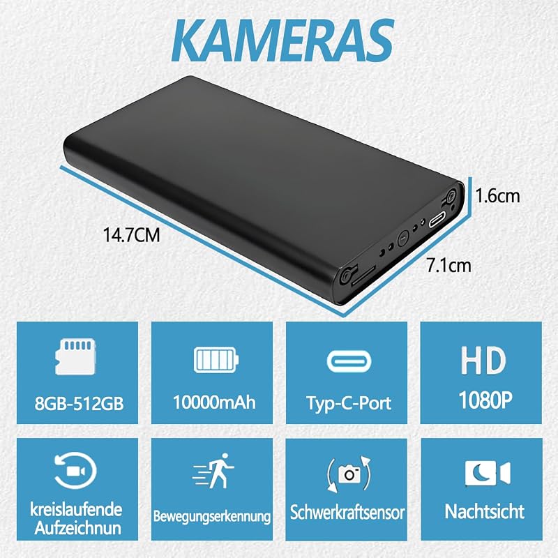 ZAIZAITY Hordozható Kamera Powerbank 10000mAh - Full HD 1080P Felvétel - Mozgásérzékelés - Éjjellátó - WiFi Nélküli - 512GB Kompatibilis - B