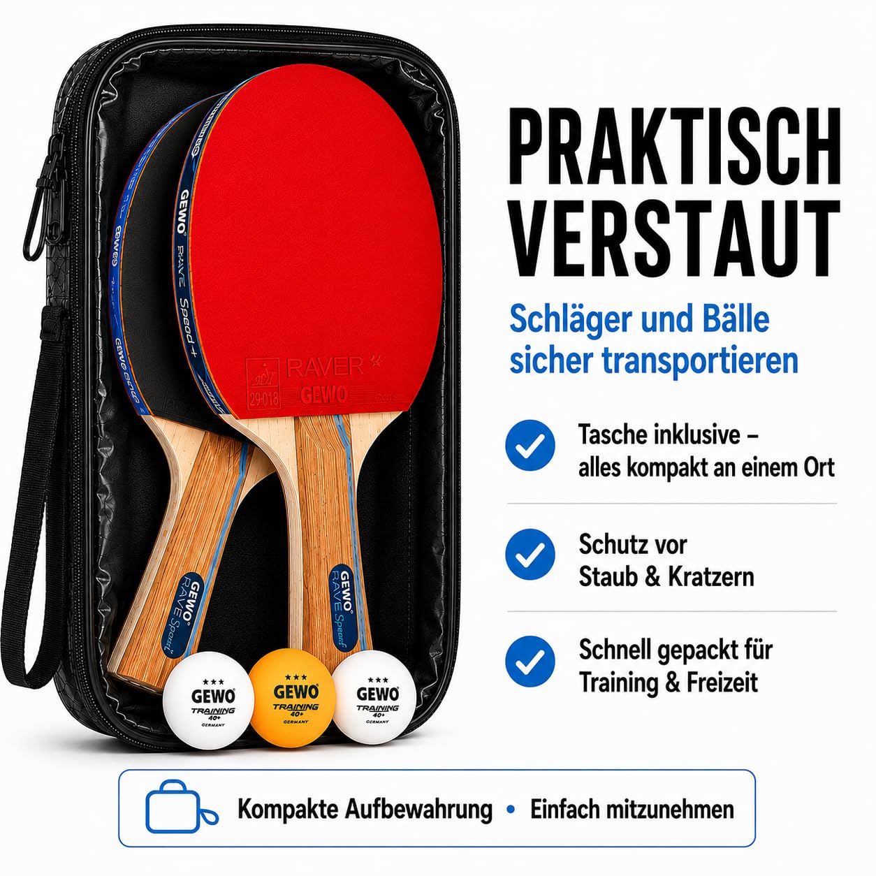 GEWO Rave Speed Tischtennisschläger Set - Kontrollierter Anfänger-Tischtennisschläger mit 3 Bällen - Komplettschläger mit ITTF-Belag, hohe Kontrolle und Geschwindigkeit, konkav, 2mm Dicker Schwamm
