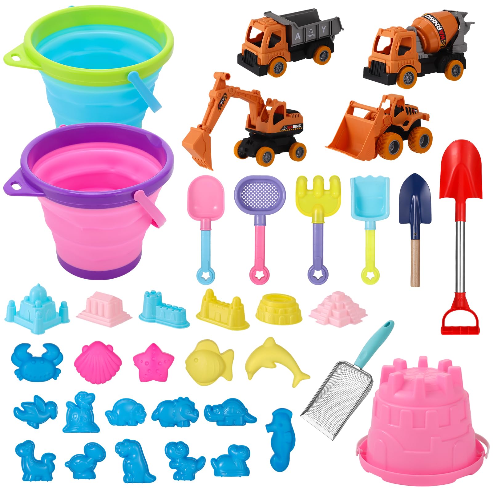 Beach Toys Sandspielzeug, 36 Teile mit 4 Baufahrzeugen, faltbarer Strandeimer, 2 Schlosswürfel, 1 Stück, Sandburg, Schaufelset
