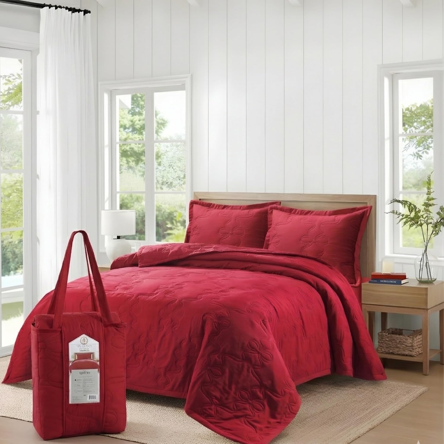 Bronwen Mathews Embroidered Quilted Bedspreads Double Size Red - Lightweight Soft Microfiber Quilt Set with Two Pillow Sham Coverless Elegant Stitching Pattern For All Season (Double)