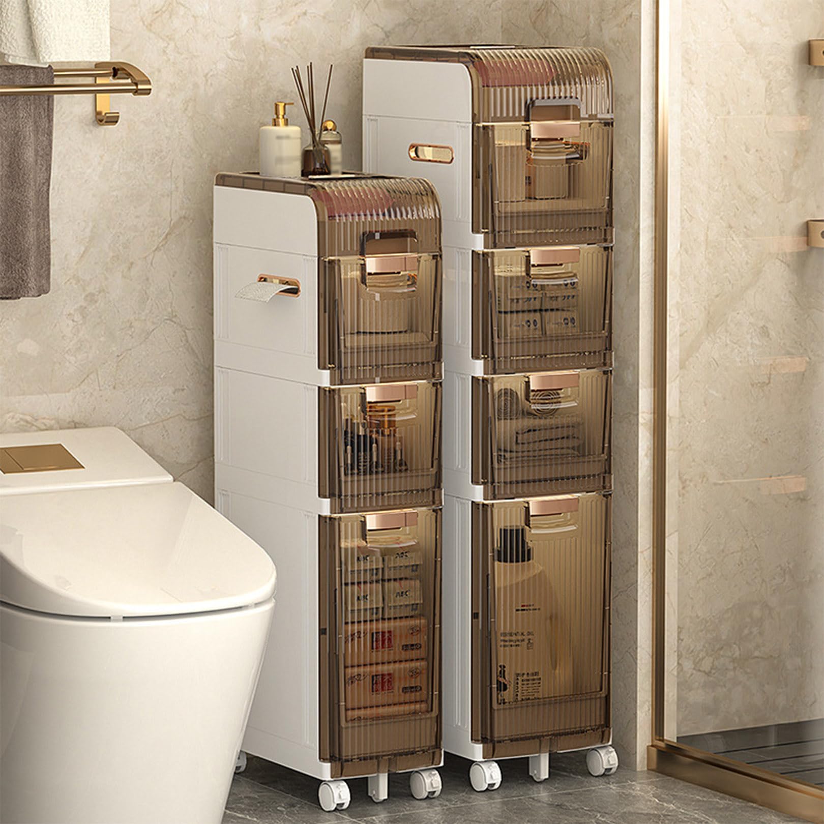 Gabinete de almacenamiento Estrecho para baño, gabinete de almacenamiento de piso con cajones multicapa y 4 ruedas universales, unidad de almacenamiento de baño Alta y d