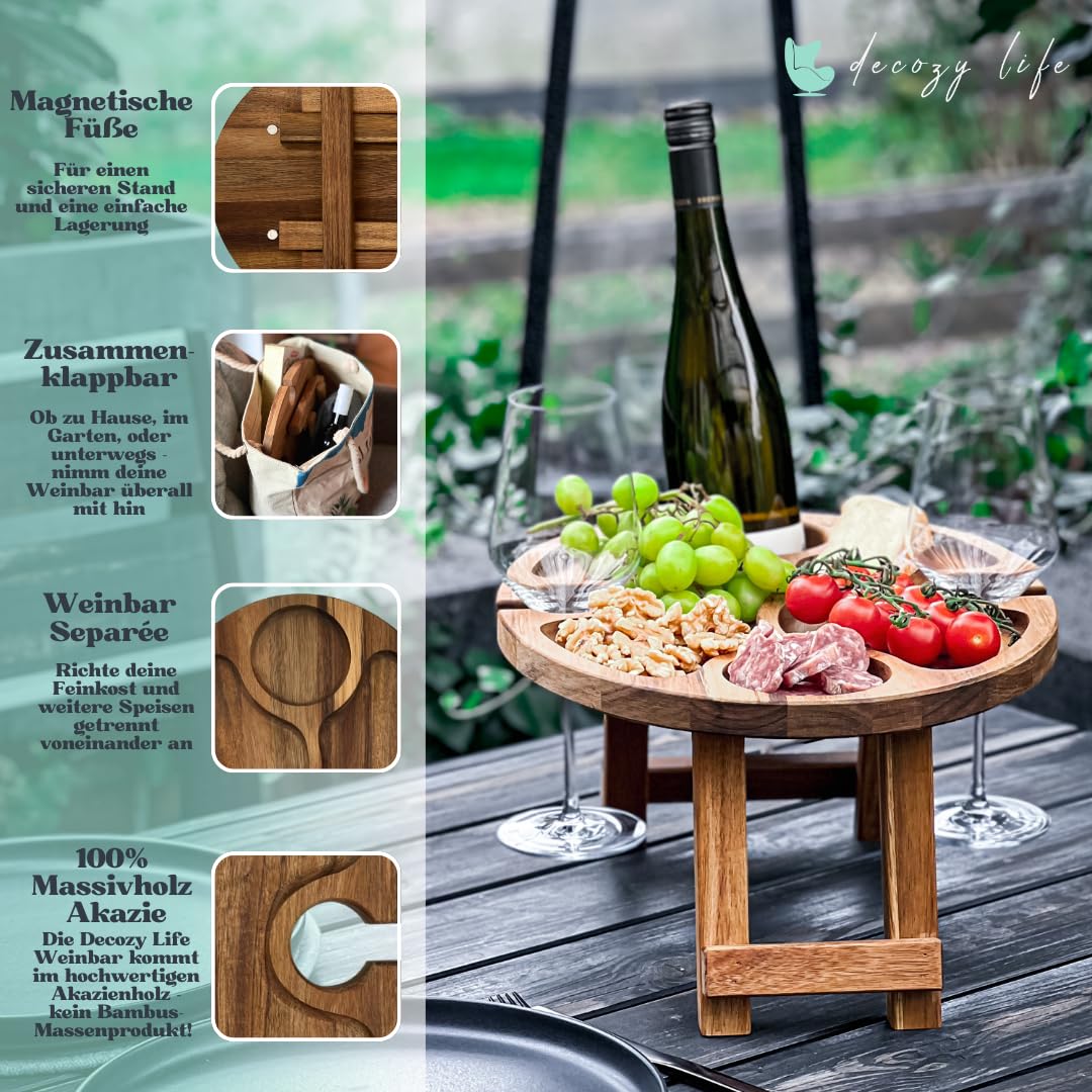 Decozy Life Weintisch Akazie Massivholz - Weinbar & Weintablett für Zuhause oder Outdoor - geeignet als Picknicktisch klappbar - Nutzbar als Weinhalter & Ideal als Strandtisch & Picknick Zubehör