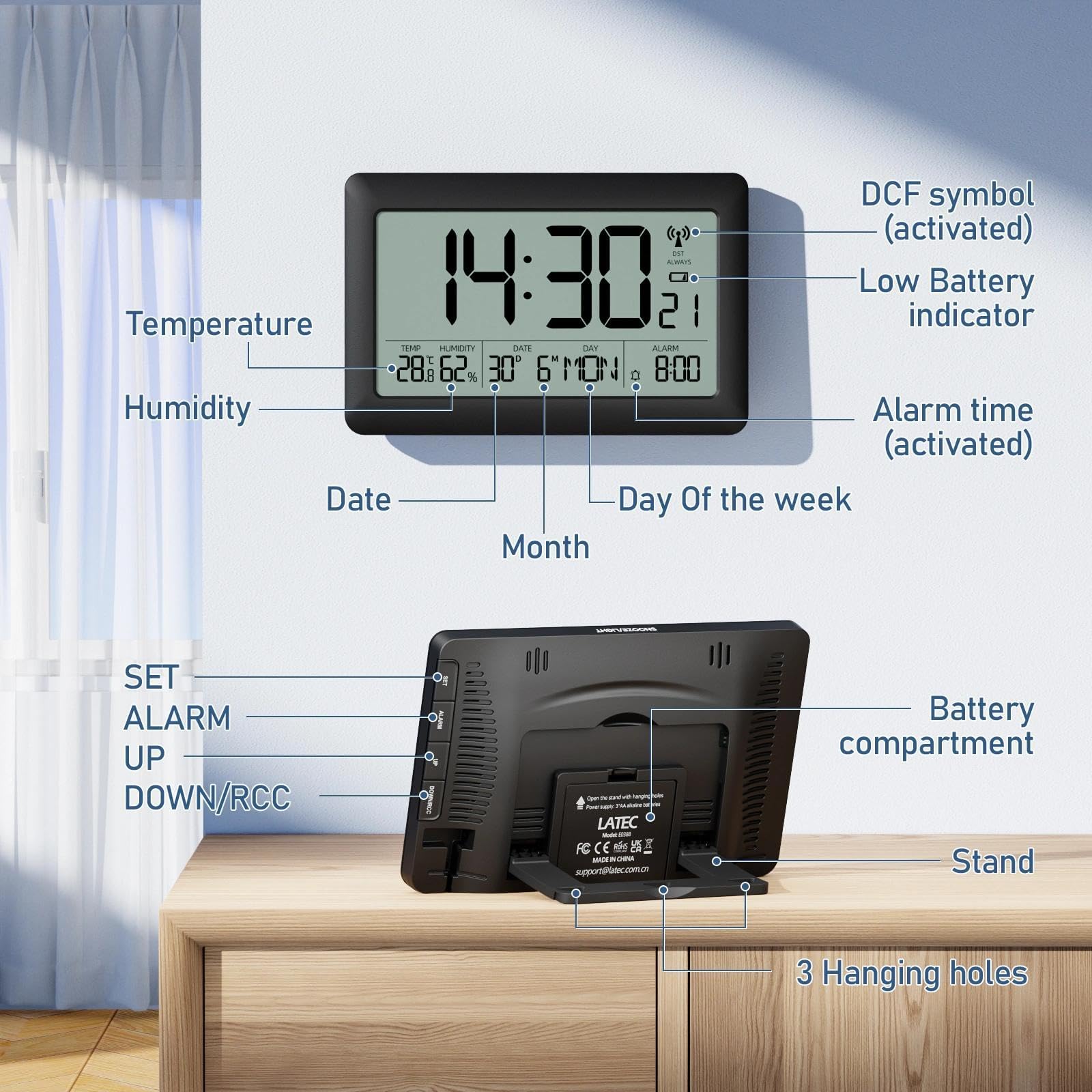 LATEC Orologio, Sveglia Digitale Radio Controllata con Ampio Schermo LCD da 7,5" - Orologio Digitale a Batteria con Temperatura/Umidità/Calendario - Sveglia/Funzione Snooze – Retroilluminazione
