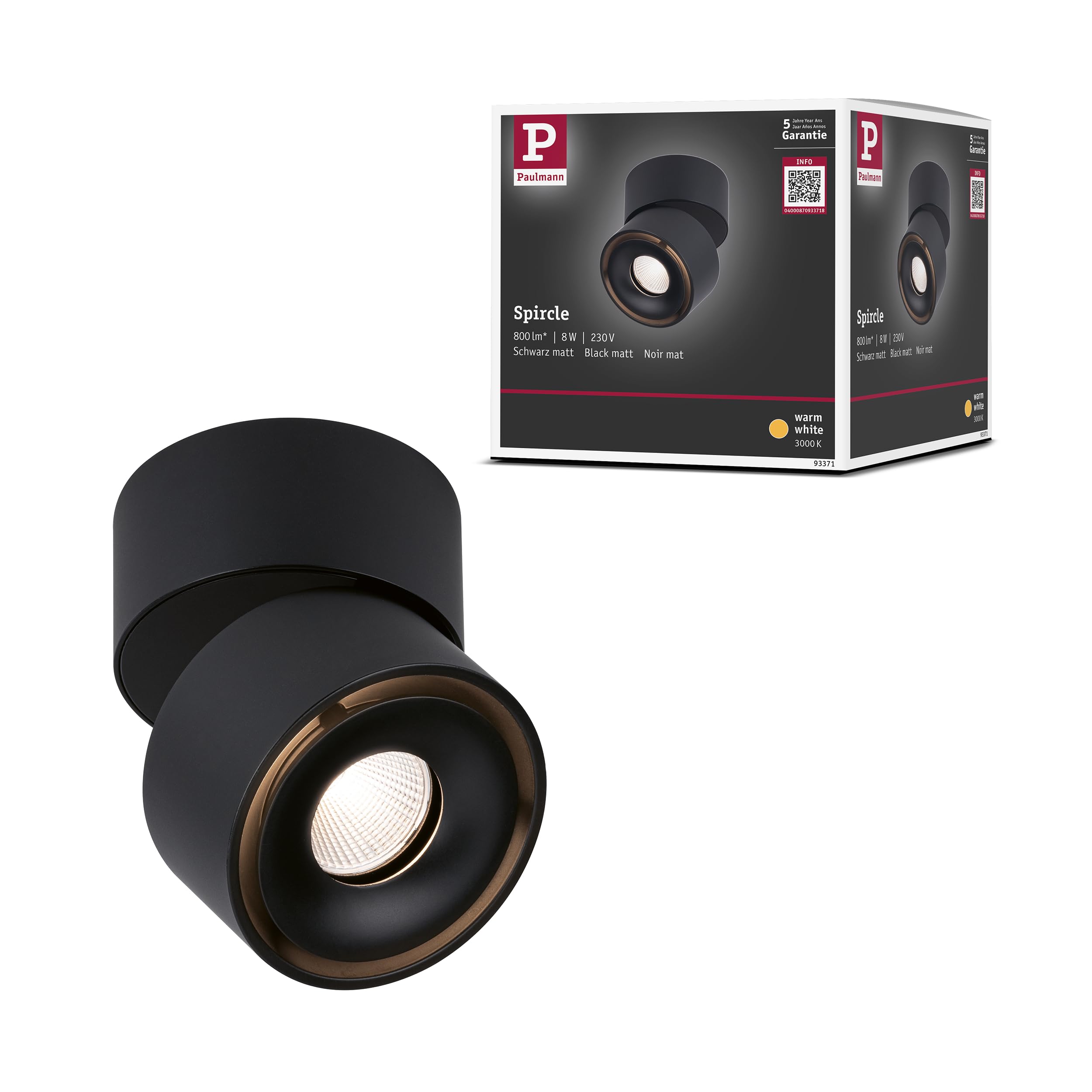 Paulmann 93371 LED spots encastrés plafonnier Spircle 78 mm incl. 1x8,0 W Blanc chaud Noir mat luminaire en saillie aluminium plafonnier 3000 K