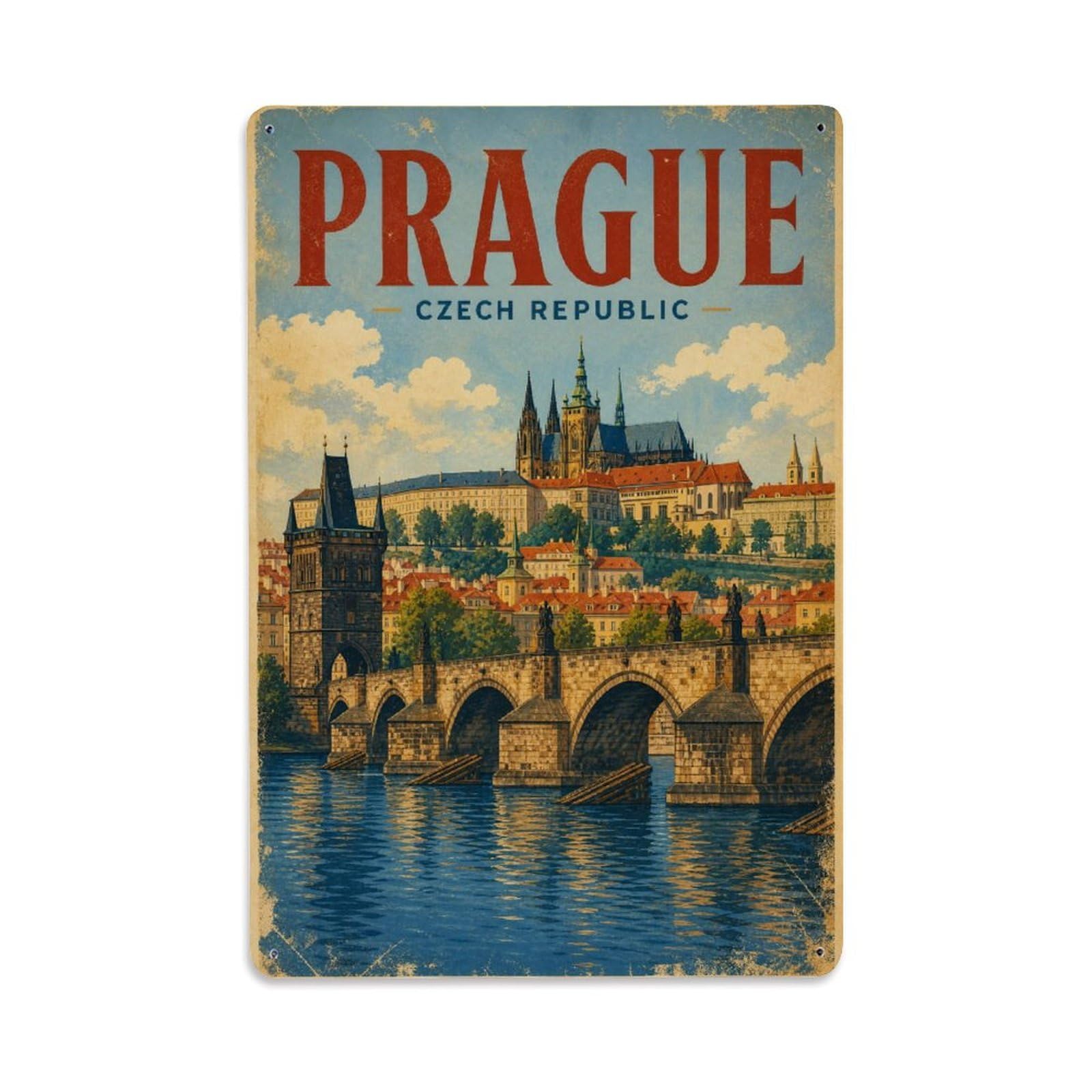 Retro Travel Czech Republic Prague Metal Tin Sign Plaque Wall Decor for Cafe, Club Bar, Office, Garden Metal Poster 8x12Inch
