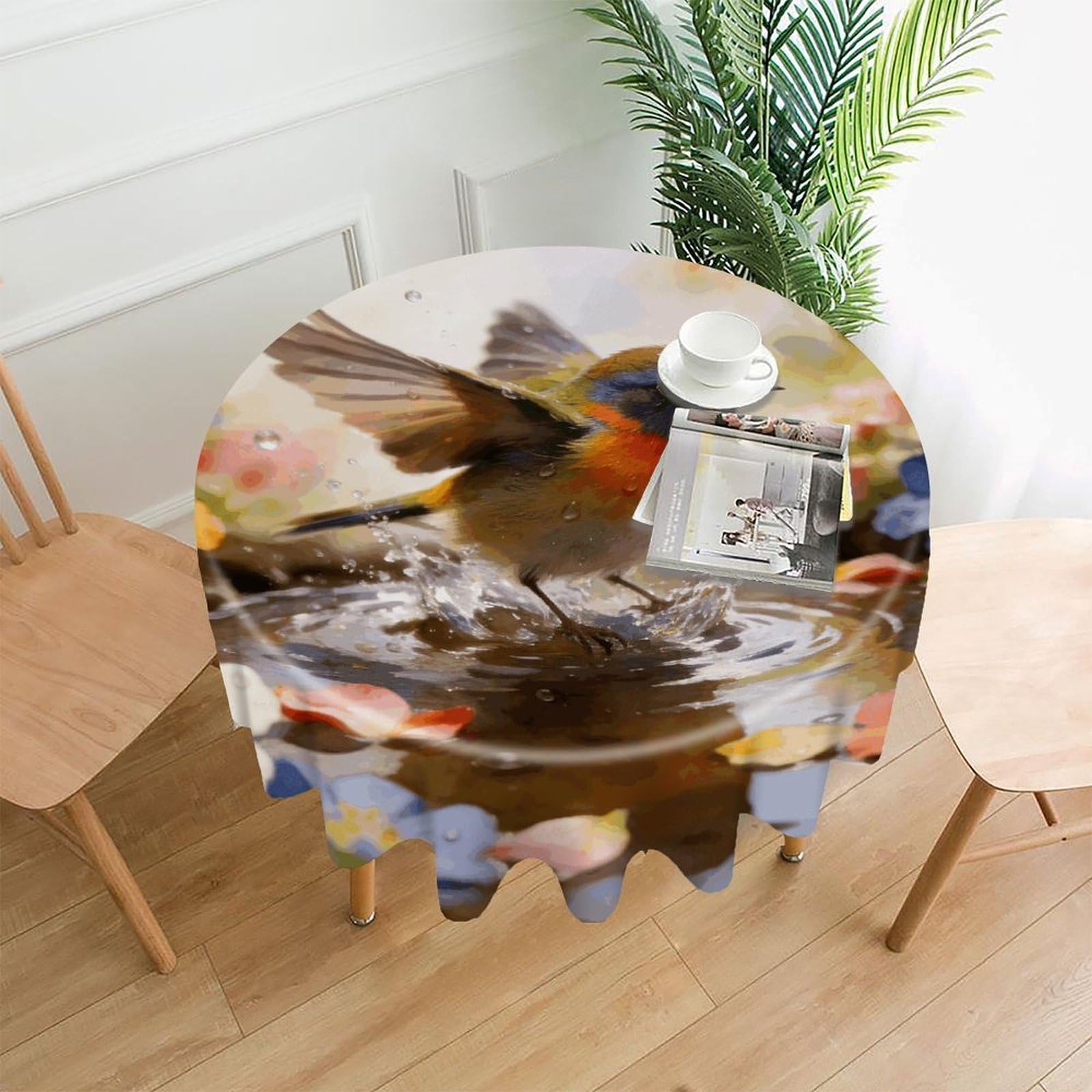 LZQPOEAS Bird Bathing Flowers Tablecloth Easy to Clean Polyester Round Table Cover Washable Round Table Cloth Wrinkle-Free Circle Decoration Tablecloth for Kitchen and Dining Room 60"