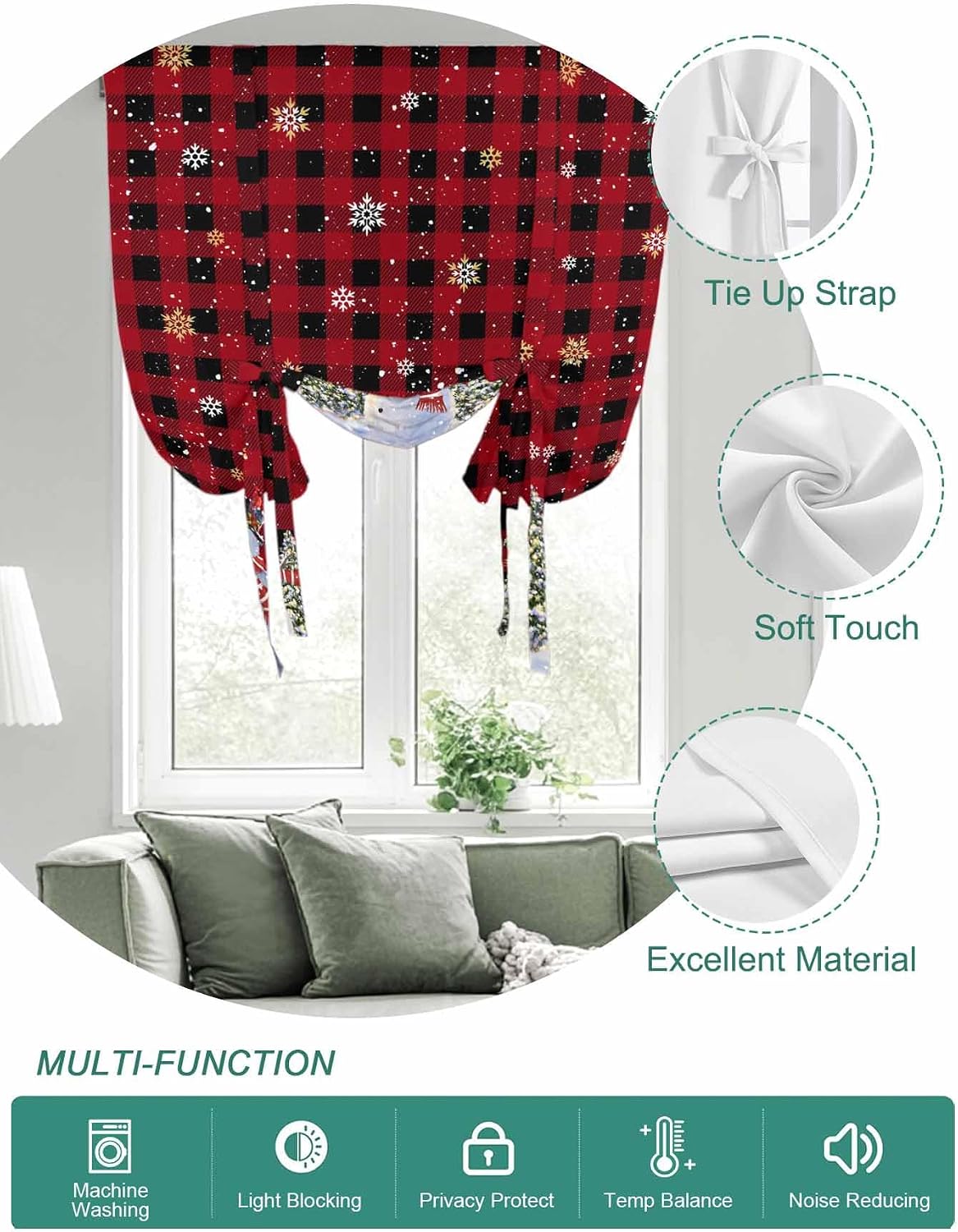 Buffalo Snowman Tie Up Curtains for Kitchen Bathroom Bedroom Windows 45 Inch Length, Balloon Drape Curtains Shade Rod Pocket Drapery Curtain Red Black Christmas Snowflake 1 Panel, 42"x45"