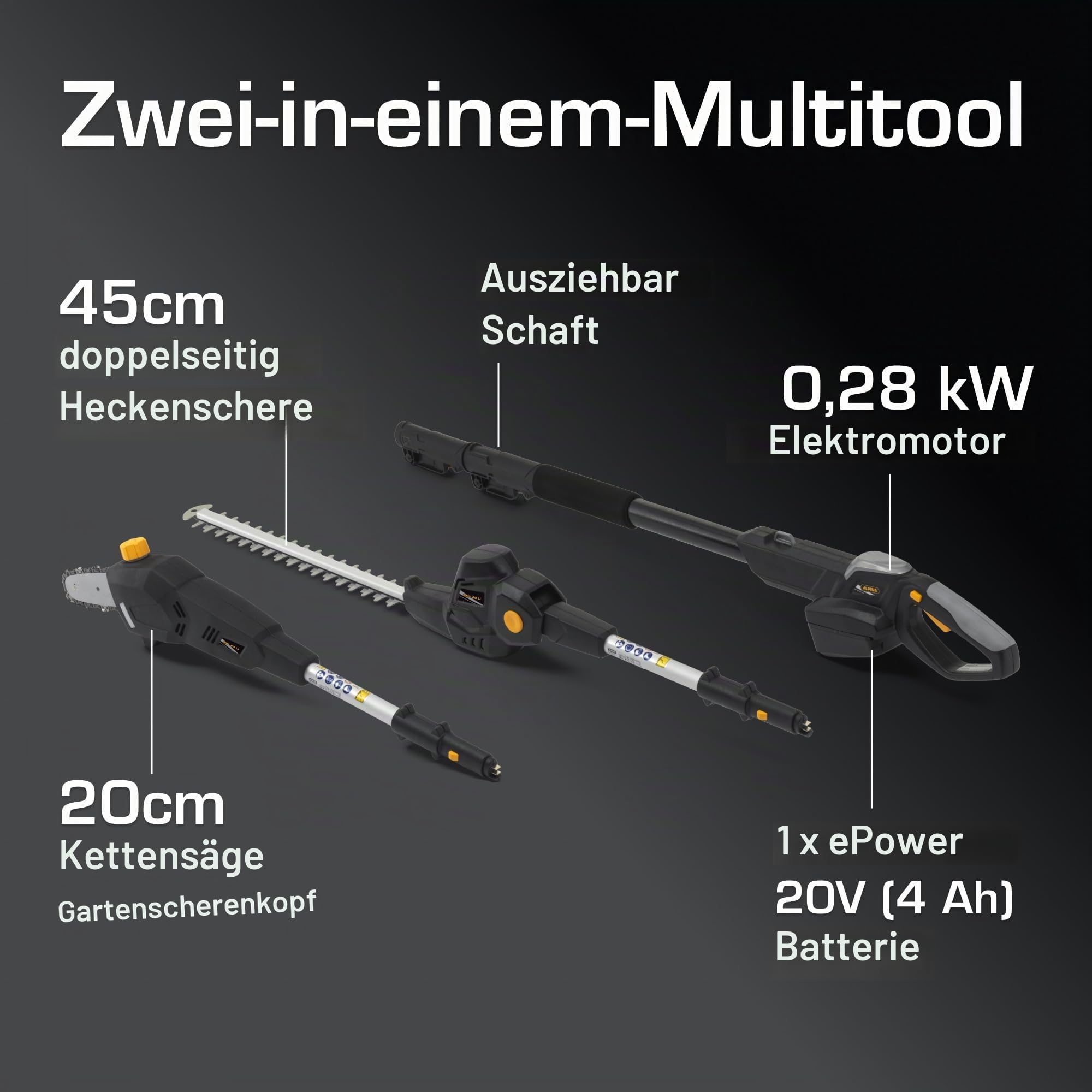 Alpina AMT 20 Li Kit Akku-Multitool, 20 V, 4 Ah – 20 cm Kettensäge, 45,5 cm Heckenschere – Für Hohe Hecken und Äste