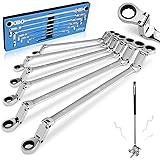 DISEN Double Jointed Extra Long Flex Head Ratchet Wrench Set, 6 PCS Metric 8-19mm Box End Ratcheting Wrench with a Magnetic Pickup Tool Kit, 72-Teeth, Cr-V Steel,12 Point Combination Wrench set