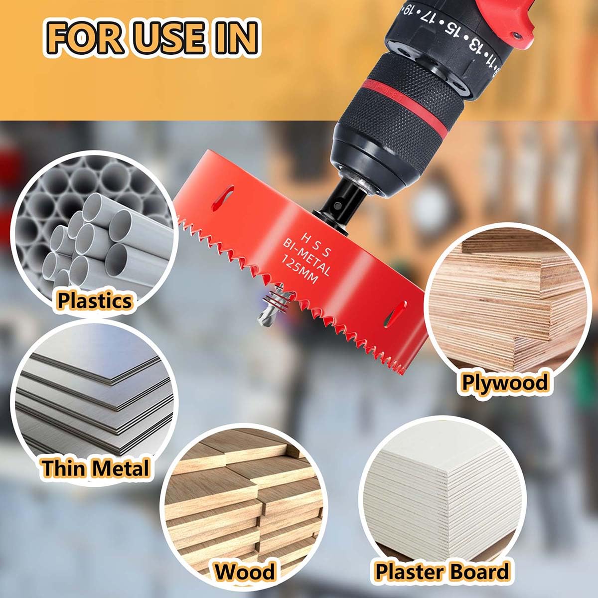 HSS M42 Bi-metal 125 mm, con adaptador y taladro centrado, ideal para madera, plástico, paneles de yeso, madera contrachapada y metales, profundidad de corte de hasta 32 mm
