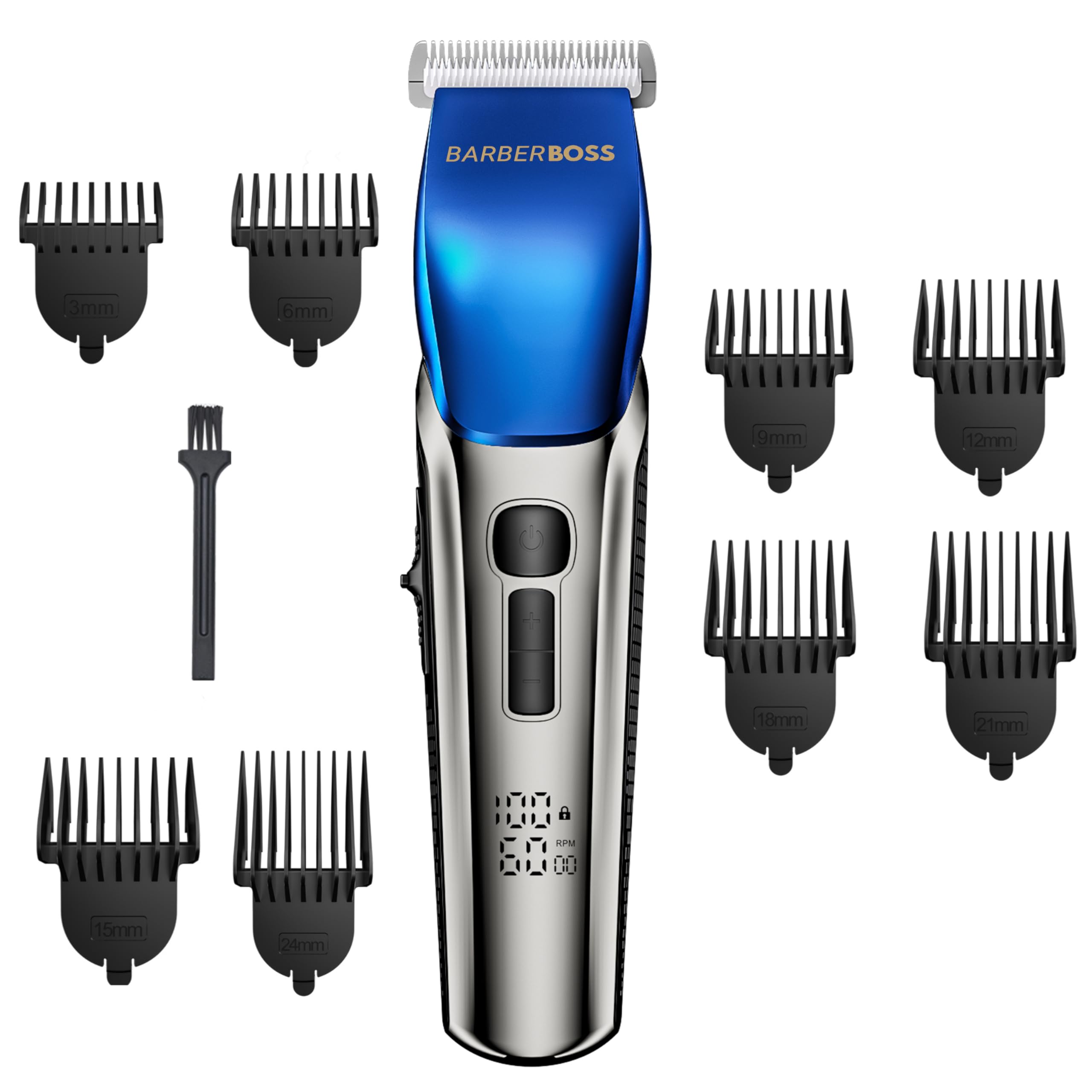 Barberboss Regolabarba da uomo, tagliacapelli a 4 velocità, lama in ceramica, 8 pettini e display a LED, ricarica USB e design impermeabile, kit professionale per il taglio dei capelli (Argento, Blu)