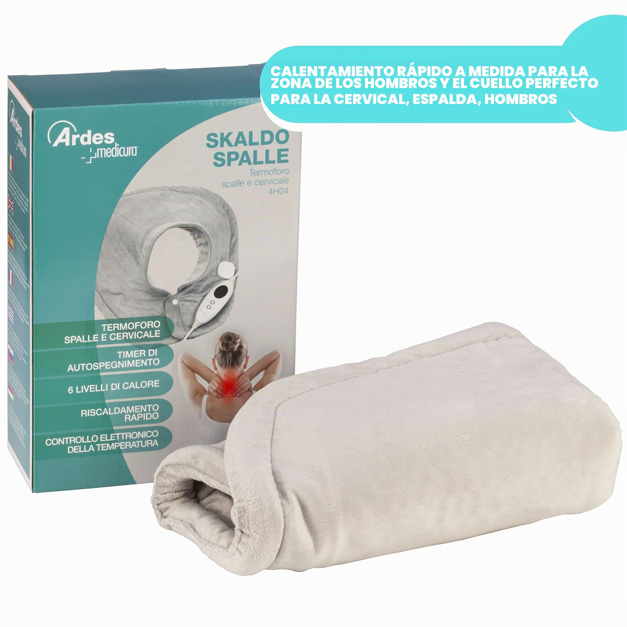 ARDES AR4H04 Almohadilla Térmica Eléctrica Calentadora Rápida Hombros Cuello Cervical 6 Niveles de Calor, Banda Cervical Cojín Térmico Eléctrico Relajante de Microfibra Suave Lavable en Lavadora