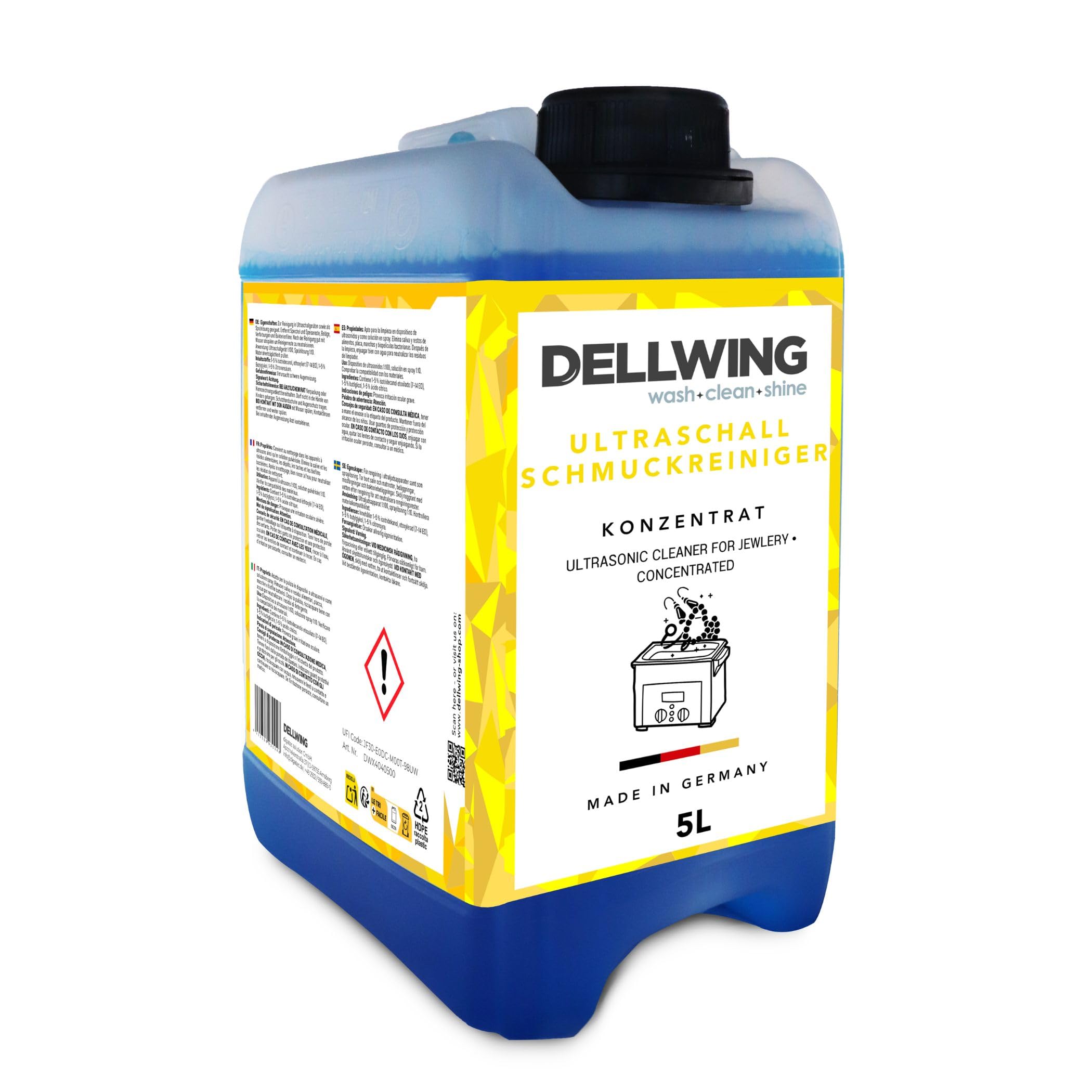 Dellwing Limpiador de joyas 5 l, concentrado para dispositivos ultrasónicos, limpiador para relojes, cadenas y anillos, fabricado en Alemania