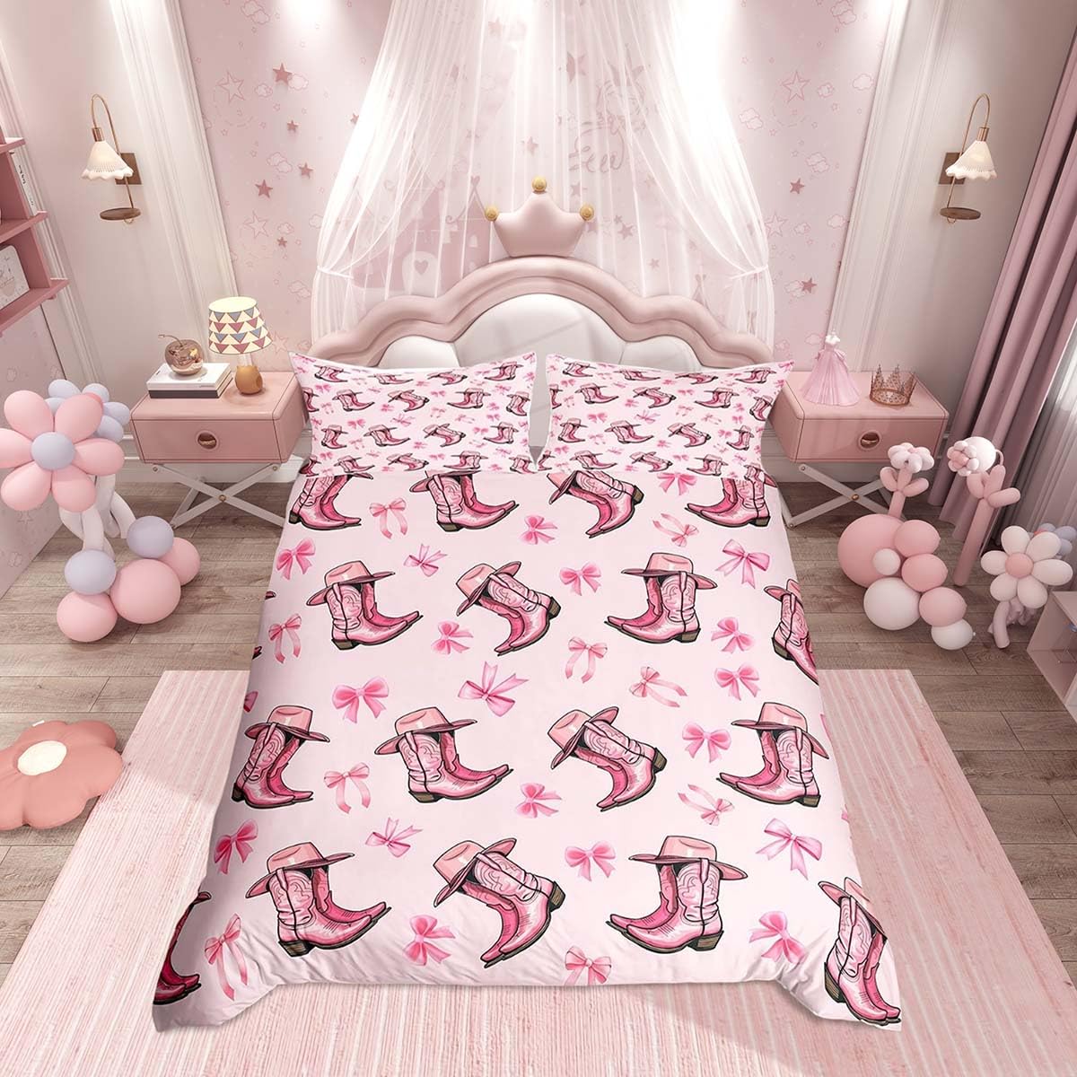 Homemissing Cowgirl Boots Duvet Cover Cot Size For Kids Girls Adults Pink Bow Bedding Set Rodeo Cowboy Style Bowknot Duvet Cover with 1 Pillowcase — image 1