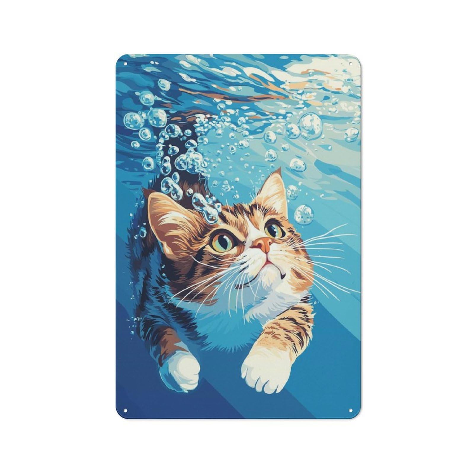 Junmoney Style-7 Tin Sign 30X20cm With Cat Swimming Underwater With Bubbles For Workshop Wall, Retro Decor, For Metal Sign Collectors, For Cafés, Pubs And Restaurants