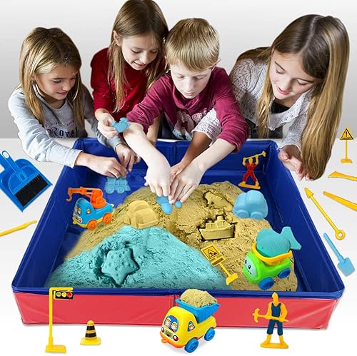 Miniatura 7 de ESSENSON Juego de arena de construcción – Arena de 3 libras con 2 colores, 6 mini camiones de construcción, juguetes de construcción y letreros,