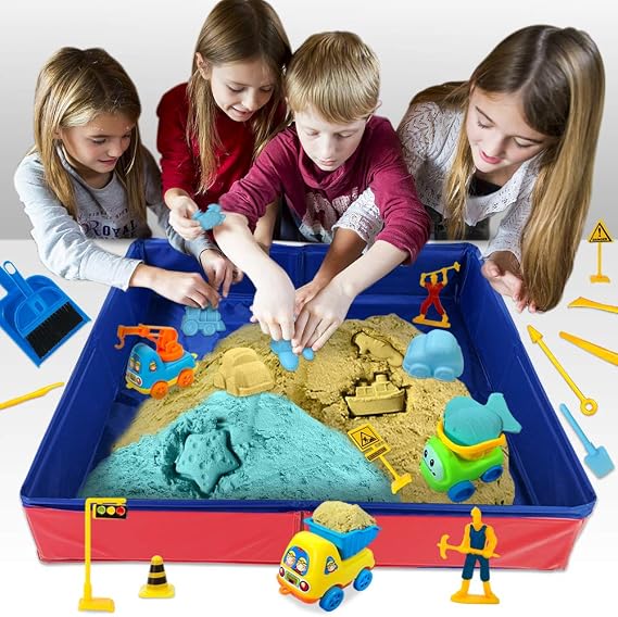 ESSENSON Play Construction Sand Kit, 2 Colors, 6 Mini Construction Trucks