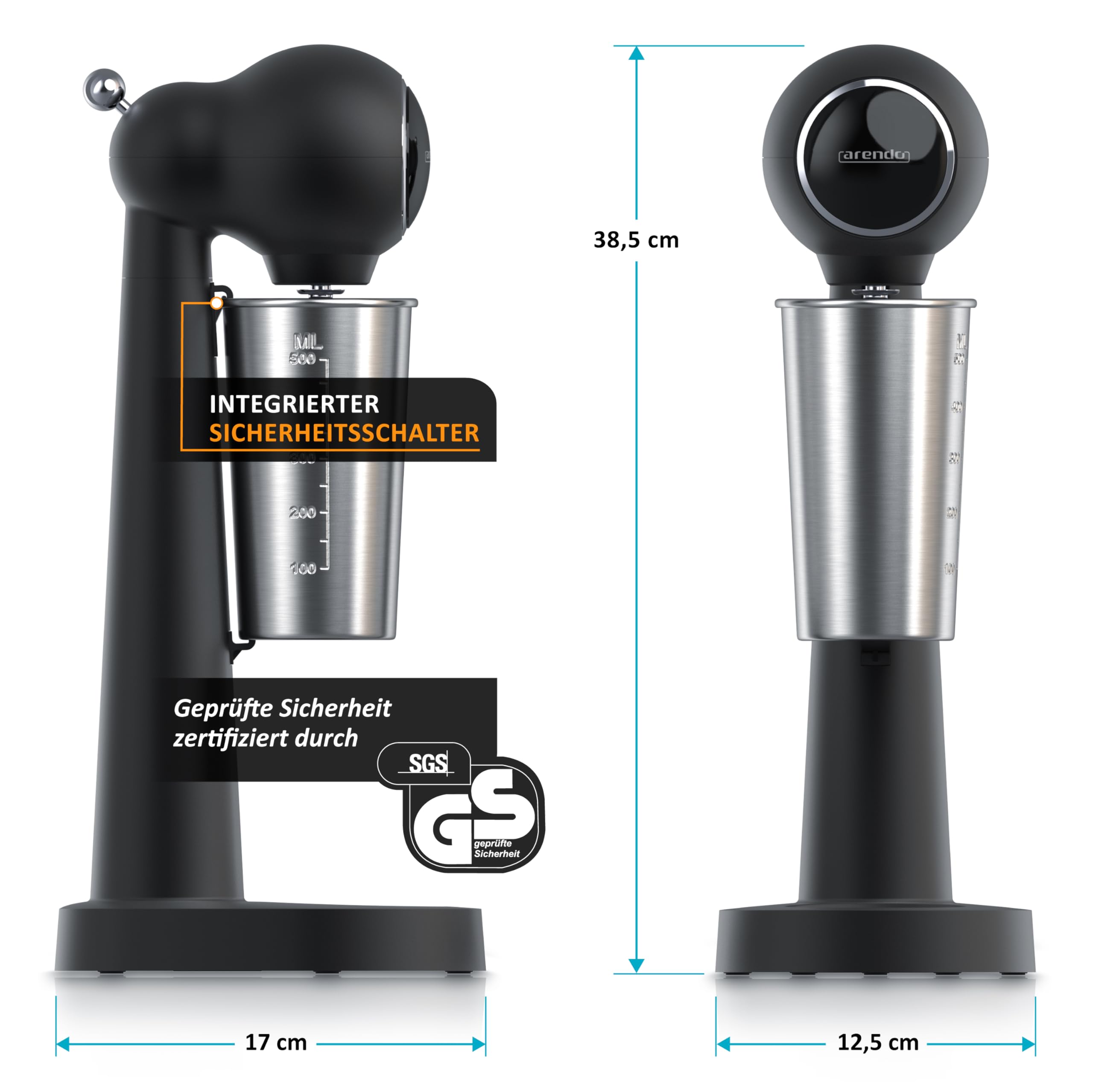 Arendo - Drink Mixer - Eiweiß Shaker - Getränkemixer - elektrischer Standmixer - 500 ml Becher - 22.000 U min - 2 Geschwindigkeitsstufen - Fitness Protein Drinks Smoothies Milchshakes Cocktails