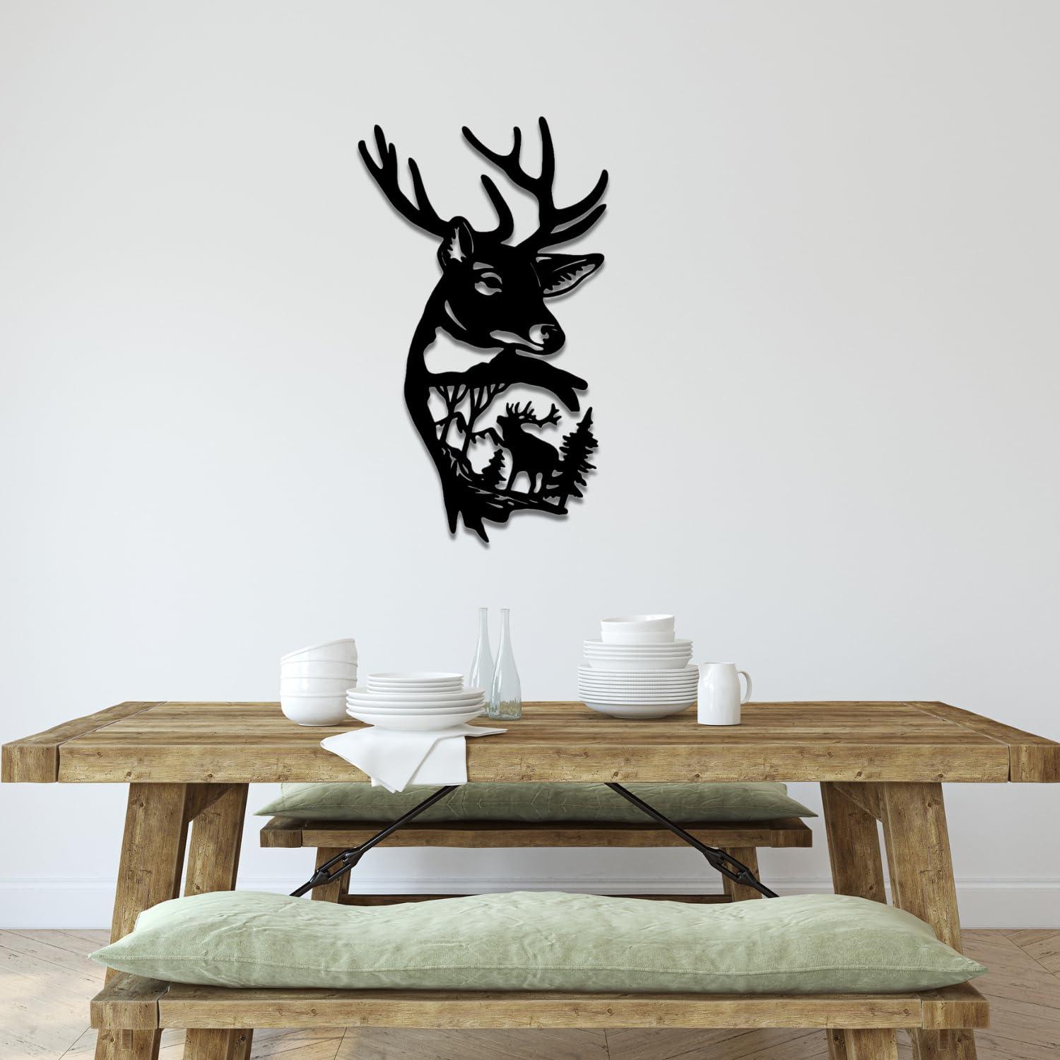 Genérico Cuadro de Ciervo en Relieve 3D - Silueta con Paisaje de Montaña y Abetos - Decoración de Pared Elegante y Moderna en Madera MDF - Arte Natural para Salones, Dormitorios u Oficinas