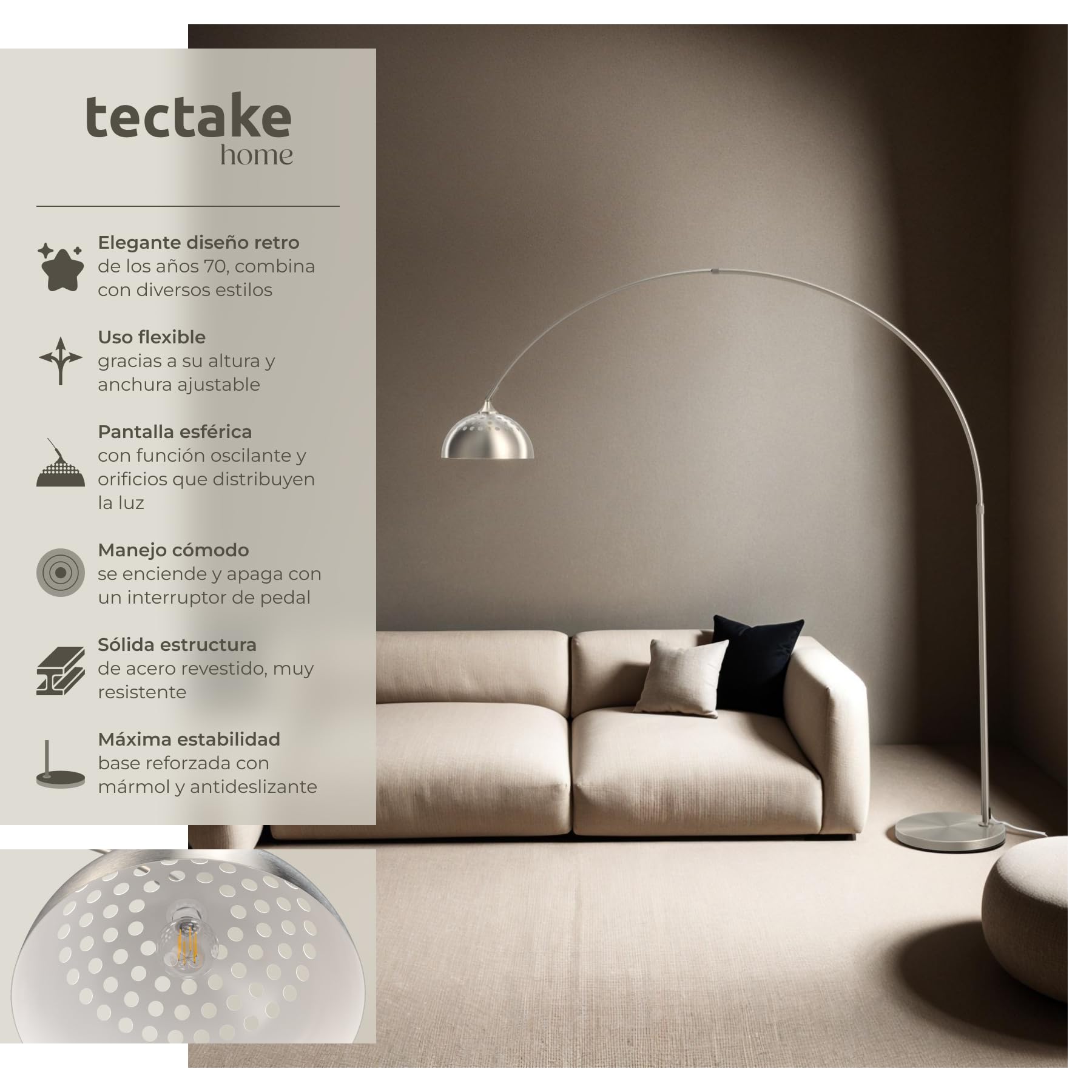 tectake® Lámpara de Pie Regulable en Altura, Diseño Retro Años 70, Lampara de Pie Lectura con Pantalla Giratoria, Base Sólida con Protector de Suelo, Ideal como Decoración Salon - Níquel Mate