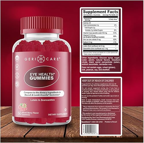 Miniatura 4 de GeriCare Gomitas de apoyo para los ojos, suplemento diario de luteína y zeaxantina para la salud de la visión, de origen natural, a base de plantas,