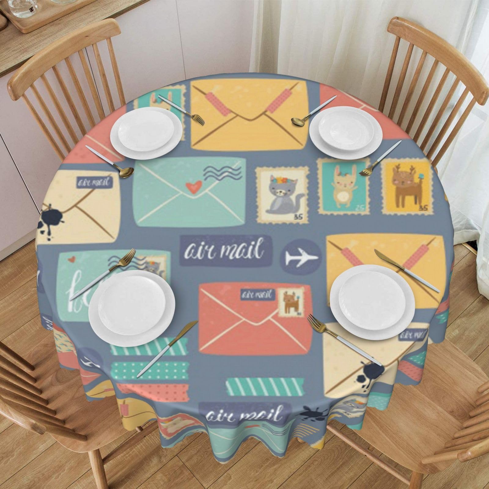 DCEHGEW 60 In Round Tablecloth with Lace, Postal Stationery Printed Oilproof & Washable Fabric Picnic Table Cloth Table Covers