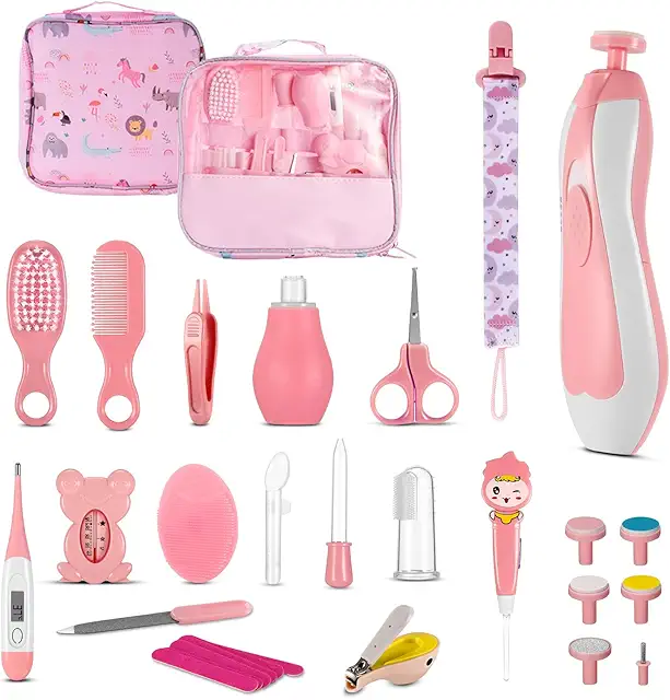 Kit de Aseo para Bebés 28 Piezas - Cesto de Higiene Portátil Rosa