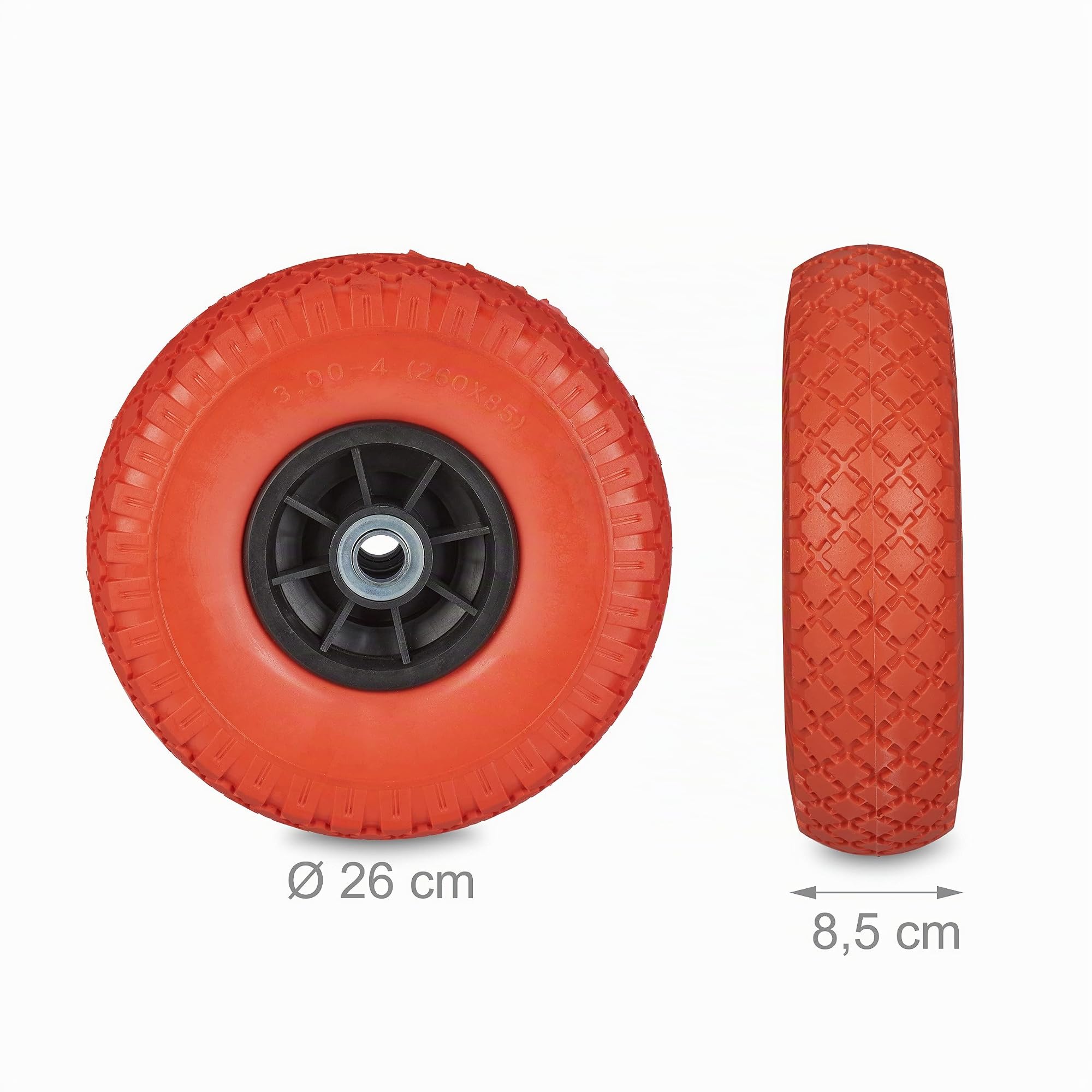 Relaxdays 2 Ruedas Carretillo, 3.00-4, 260x85mm, Neumático Goma Maciza Antipinchazos, Eje 20mm, hasta 80kg; Rojo y Negro