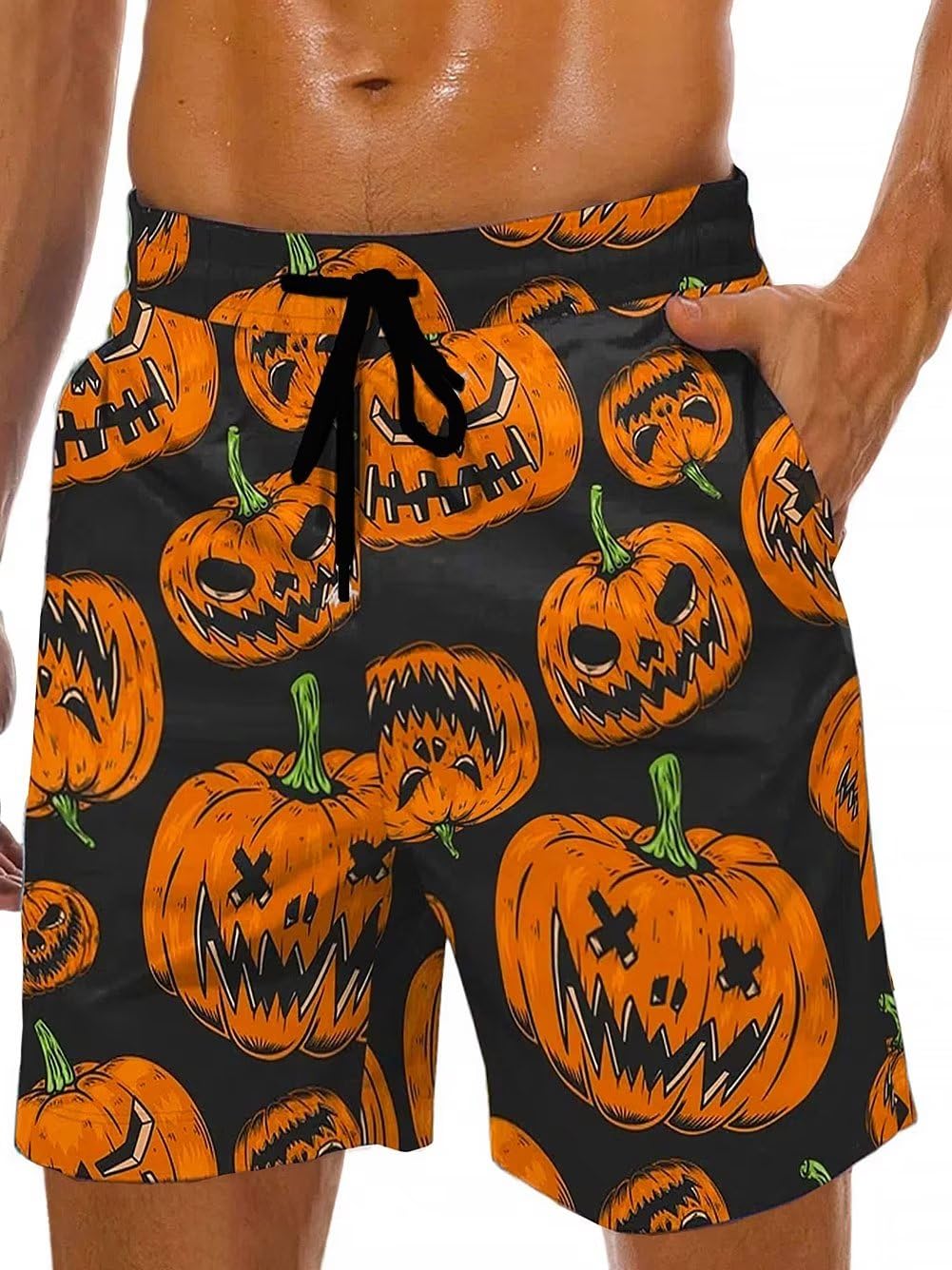 Lzzidou Men's Swim Trunks 9 Inch Inseam Bathing Suit Hawaiian Swimsuits Mesh Lining Beach Shorts with Pockets, Halloween-black, L