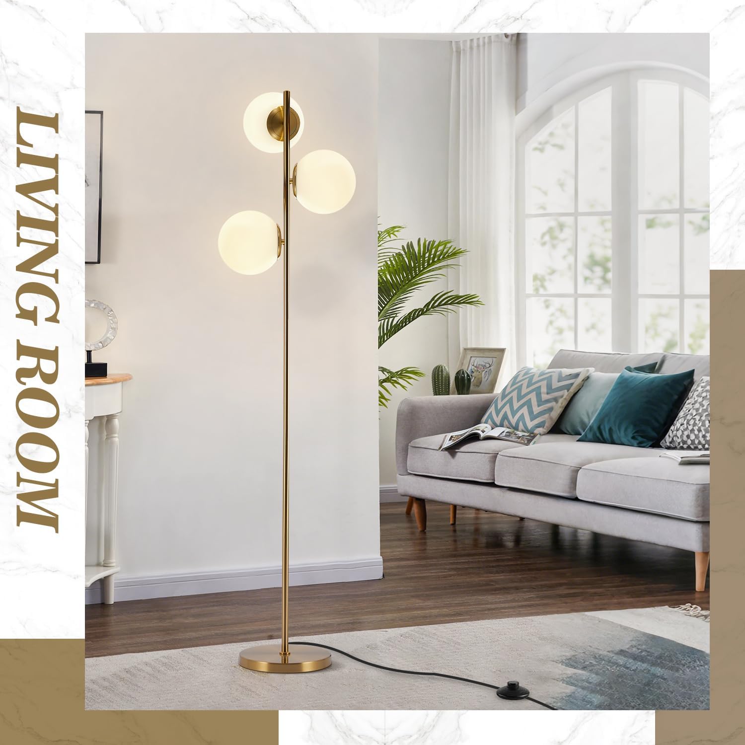 BOKT Modern Gold Floor Lamps Mid Century 3-Light Globe Standing Lamp Tall Pole Floor Light with Frosted Glass Contemporary Adjustable Floor Lamp for Living Room Reading Bedroom…