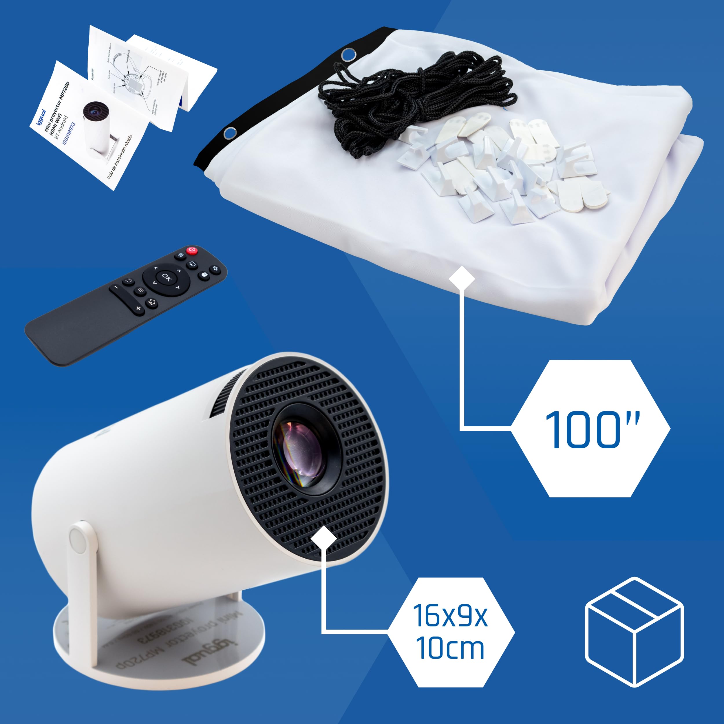 Iggual - Projecteur Portable avec Écran 100”, Videoprojecteur MP720p avec Android TV, HDMI, WiFi et Bluetooth 5.0, Projecteur 120 ANSI Lumens avec Correction Verticale, Rotation à 180º et Haut-Parleur