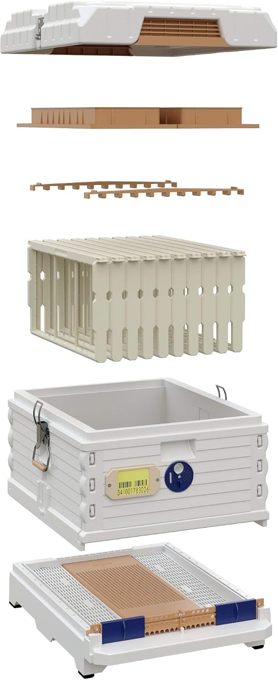 Apimaye Ergo Insulated Bee Hive Set with Plastic PRO Frames with Premier Double Wax Foundations (Single Deep) (White Body Blue Entrance)